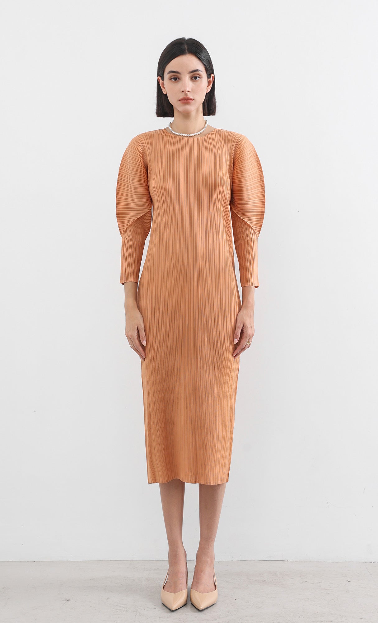 arc pleated dress_orange