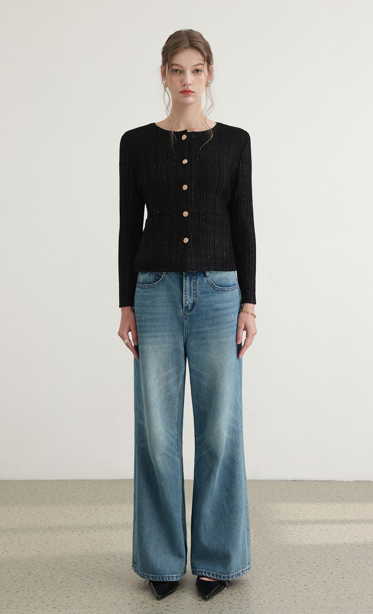 Tweed pleats cardigan jacket_black