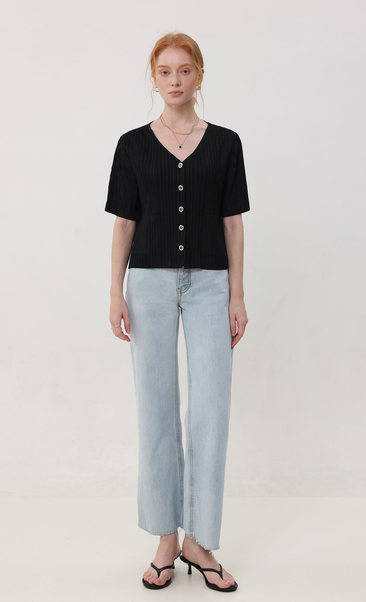 Button pleated short-sleeve top_black