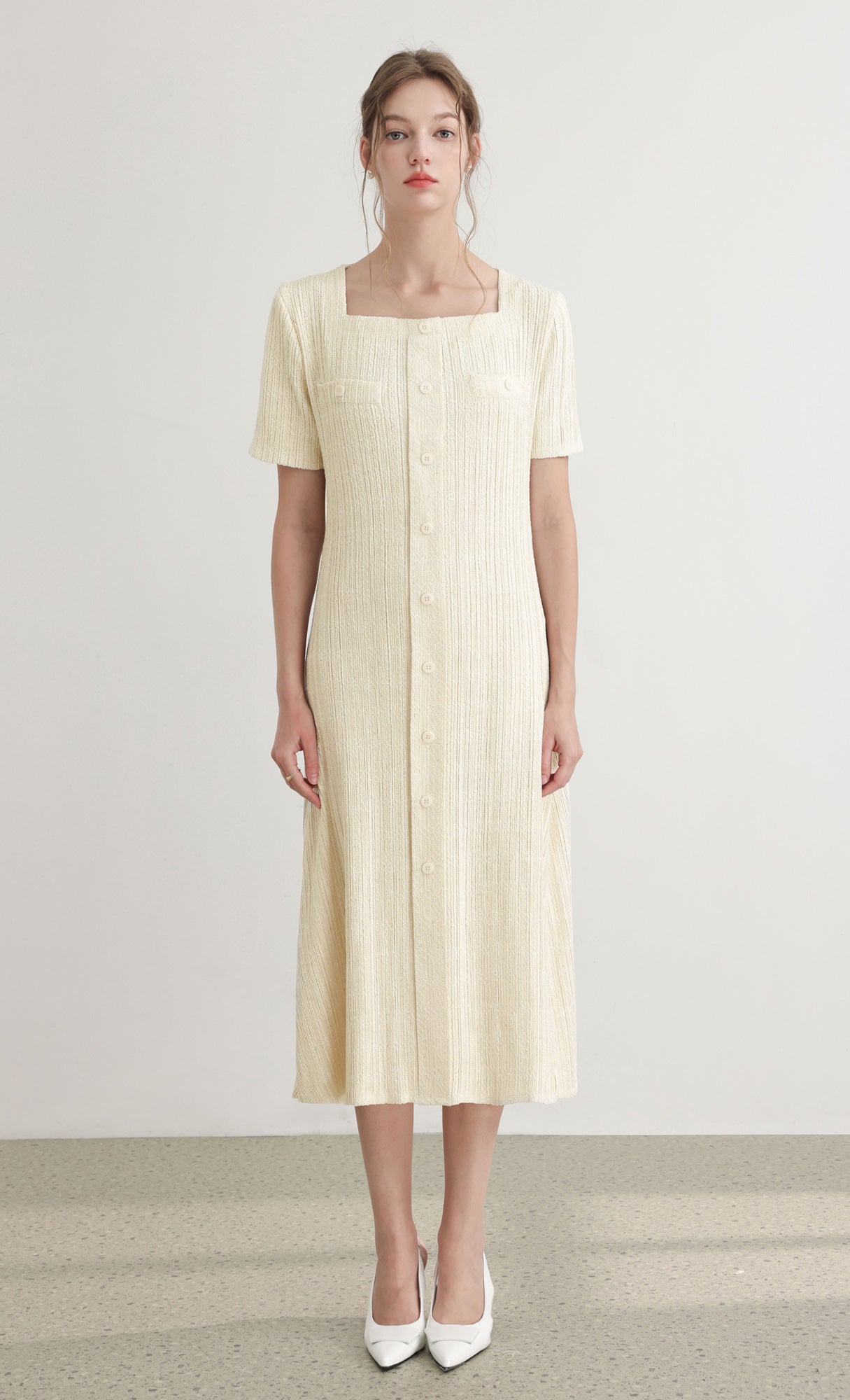 Tweed pleats square neck dress_ivory