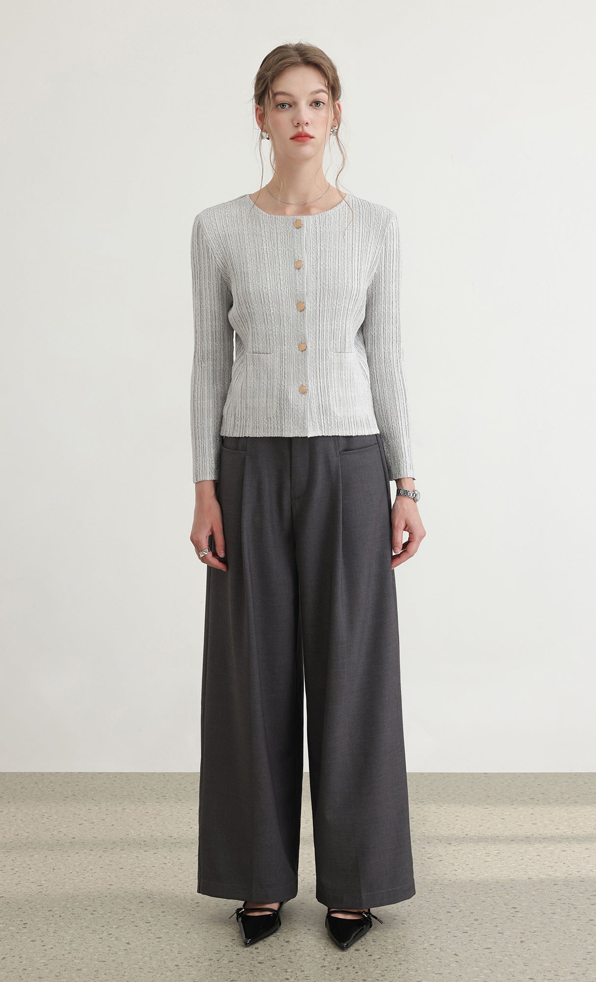 Tweed pleats cardigan jacket_grey