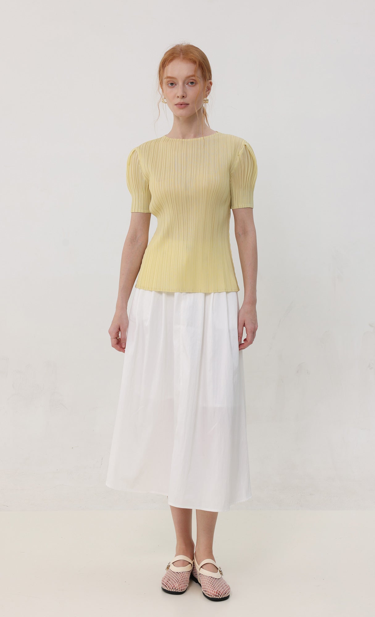 Mellow pleated half sleeve top_yellow