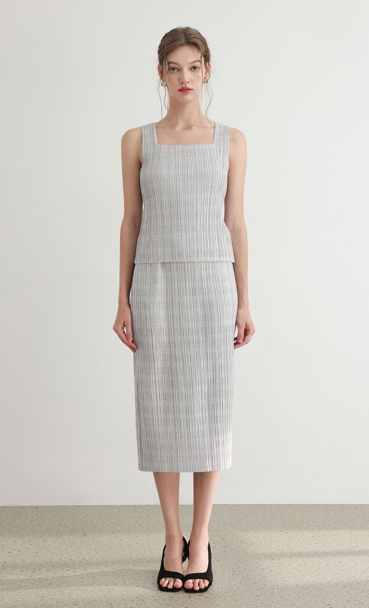 Tweed pleats banding skirt_grey