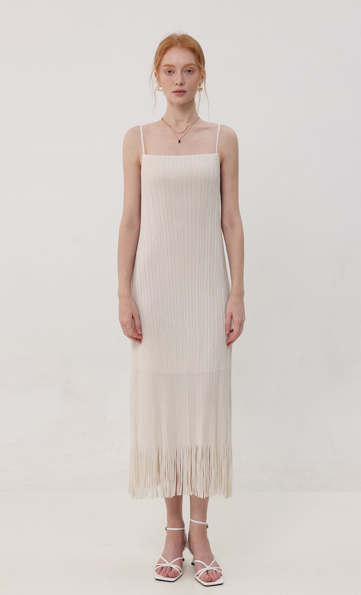 Fringe pleated slip dress_ivory