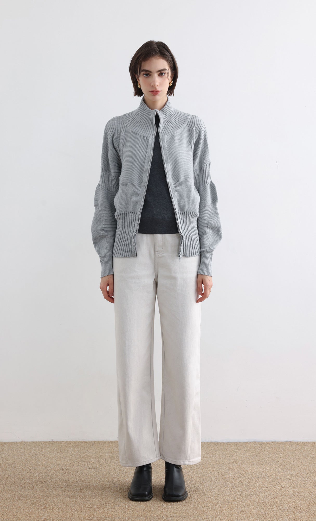 High Neck Knitted Pleated Zip-Up Cardigan_Grey