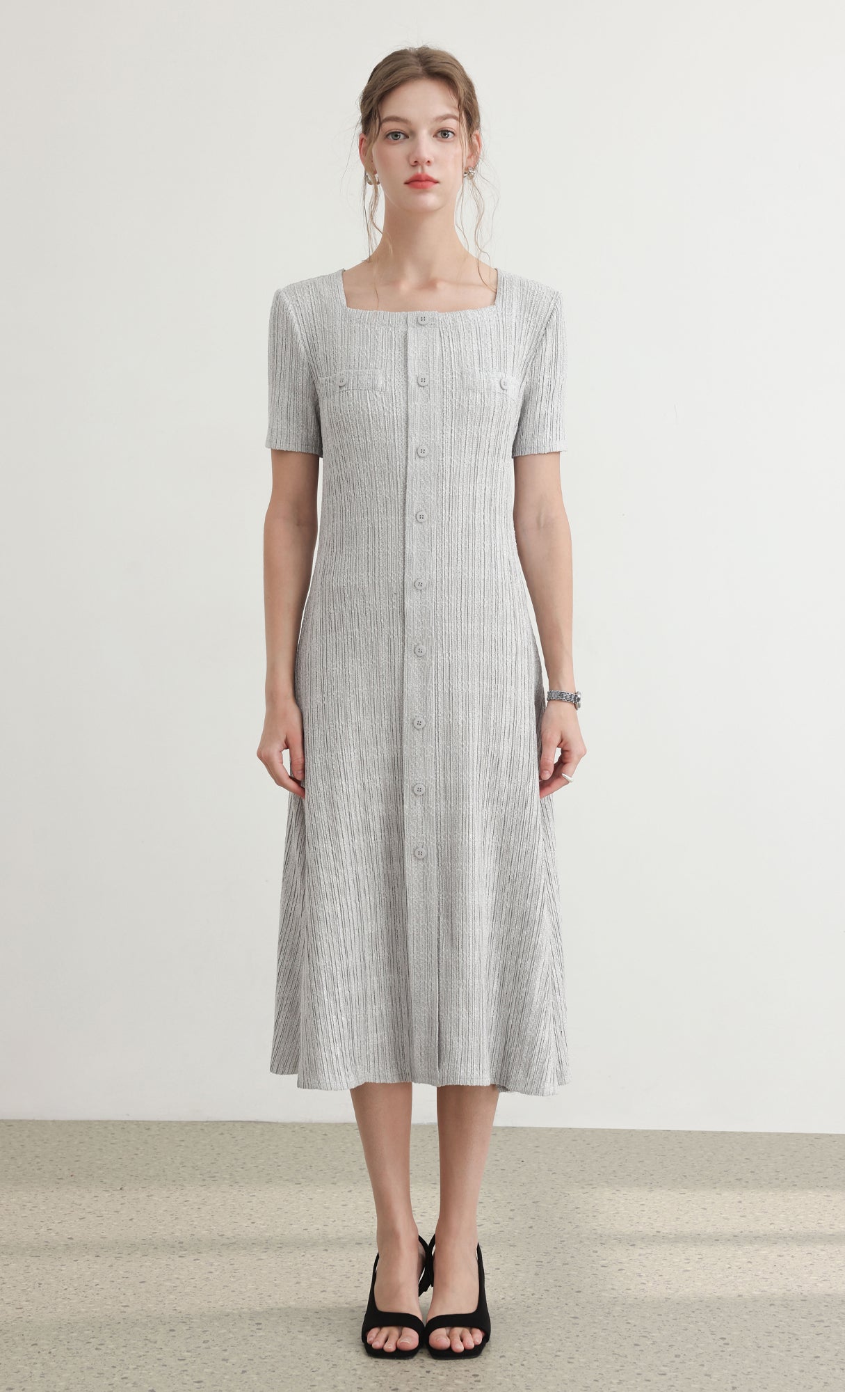 Tweed pleats square neck dress_grey