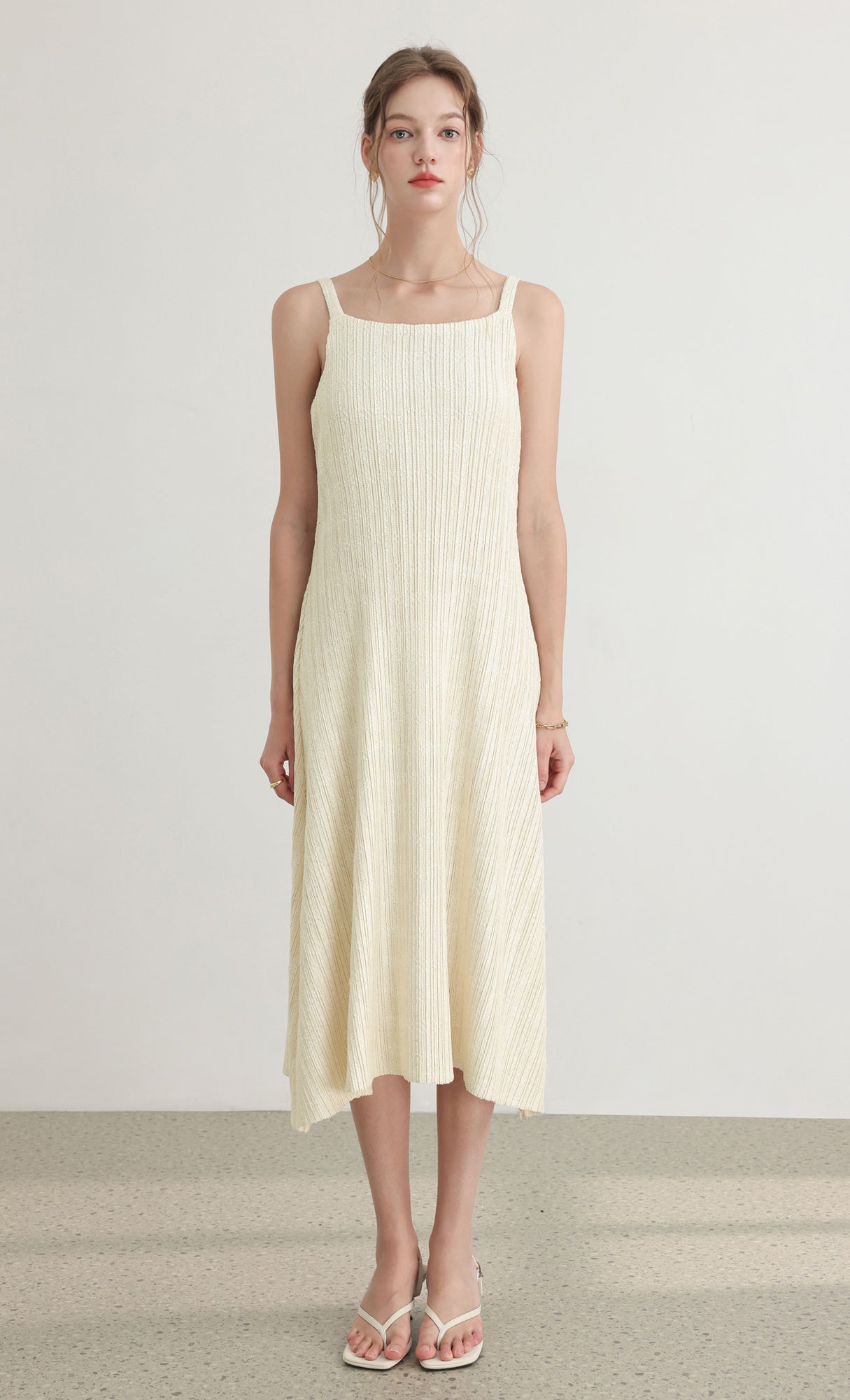 Tweed pleats sleveless flare dress_ivory