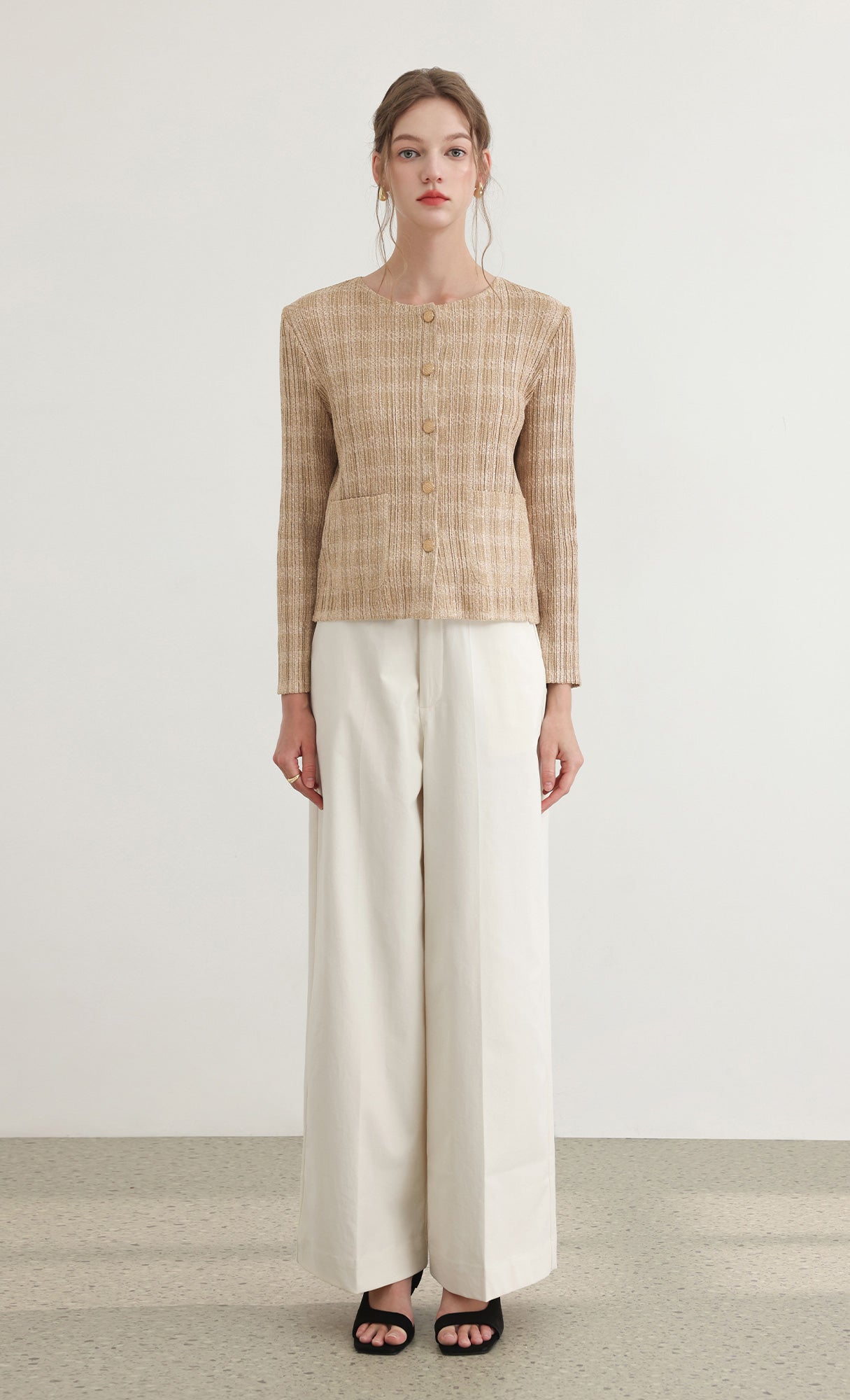 Tweed pleats cardigan jacket_beige