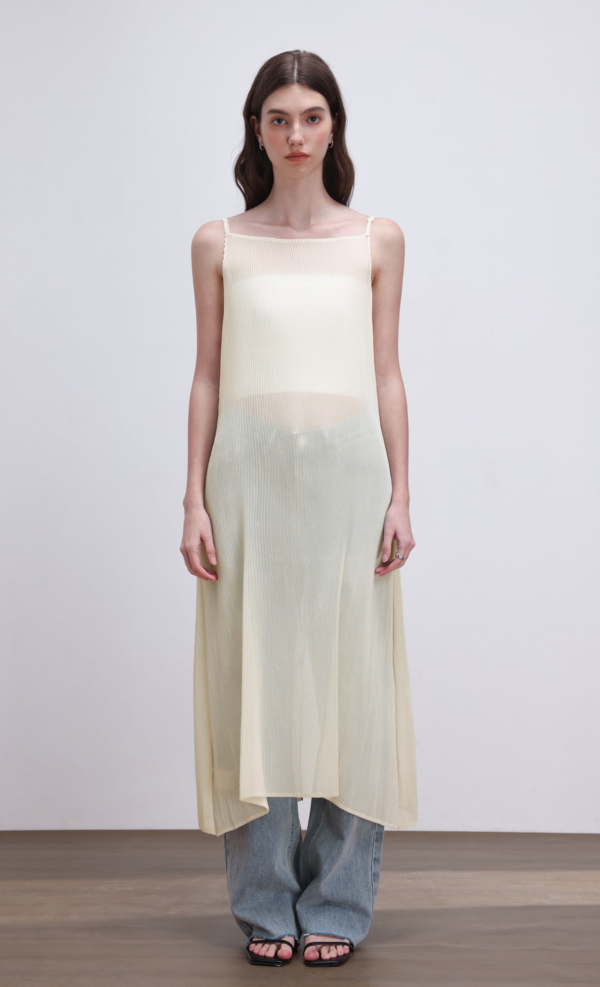 Sheer pleated layering dress_ivory