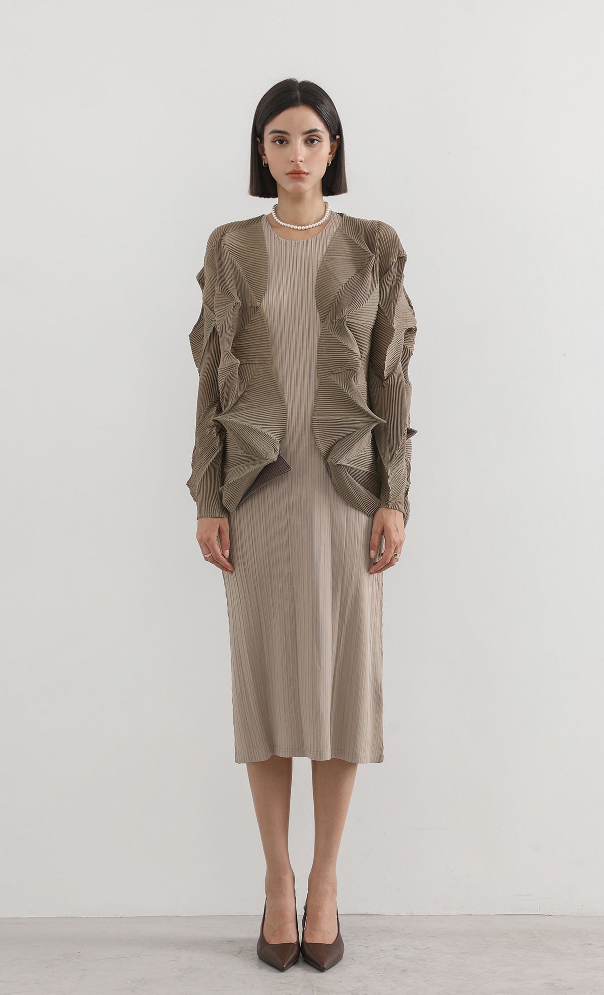 geo pleated jacket cardigan_brown