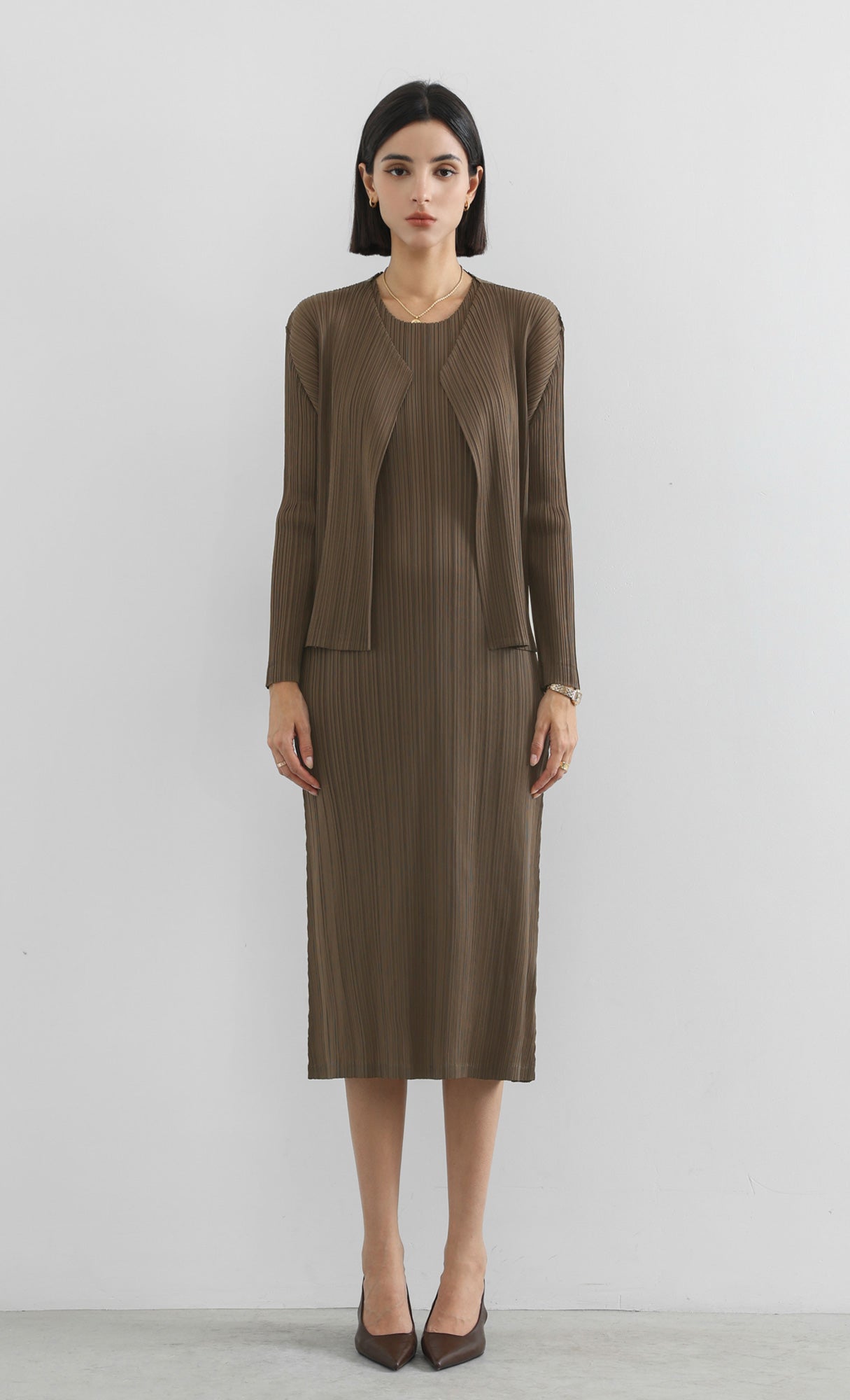 modi pleated cardigan_brown