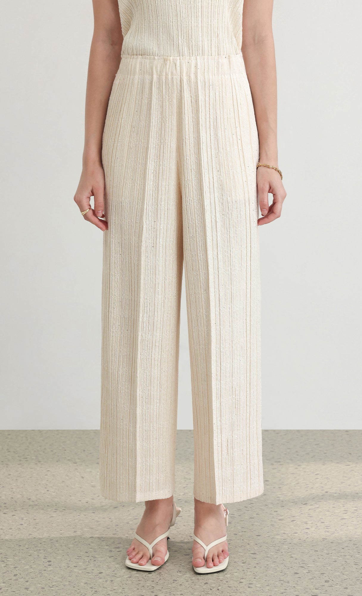 Tweed pleats pintuck pants_ivory
