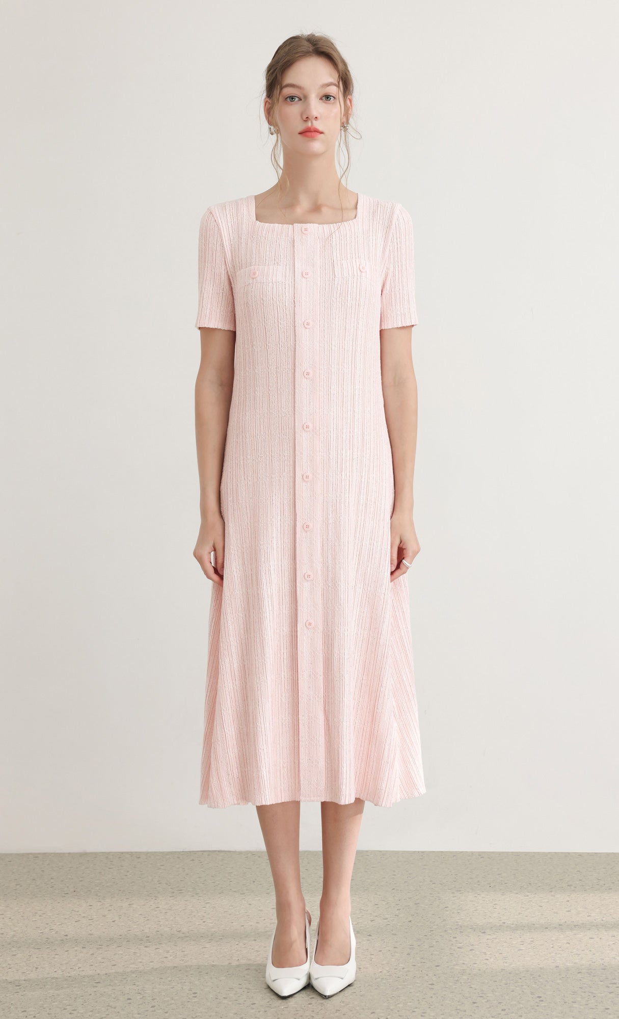 Tweed pleats square neck dress_pink