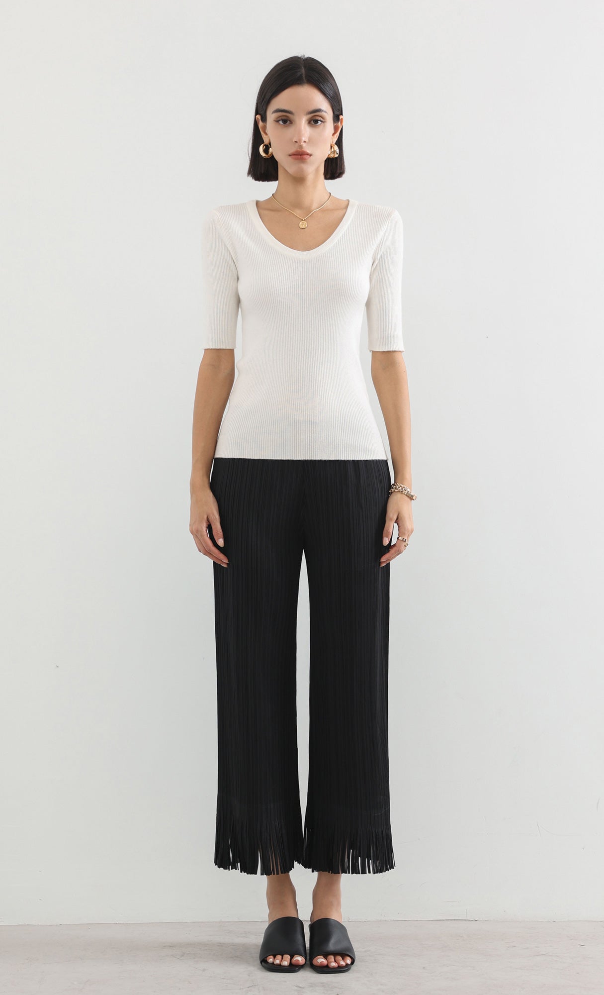 frill hem pleats pants_black