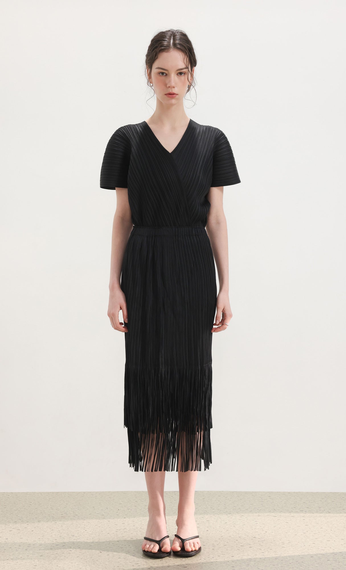 Fringe pleated skirt_black