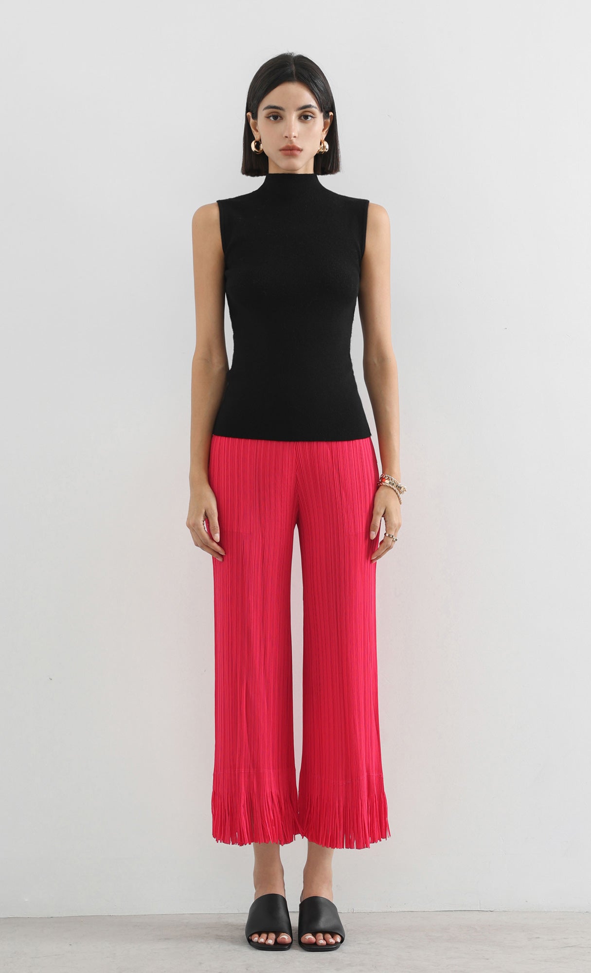 frill hem pleated pants_red