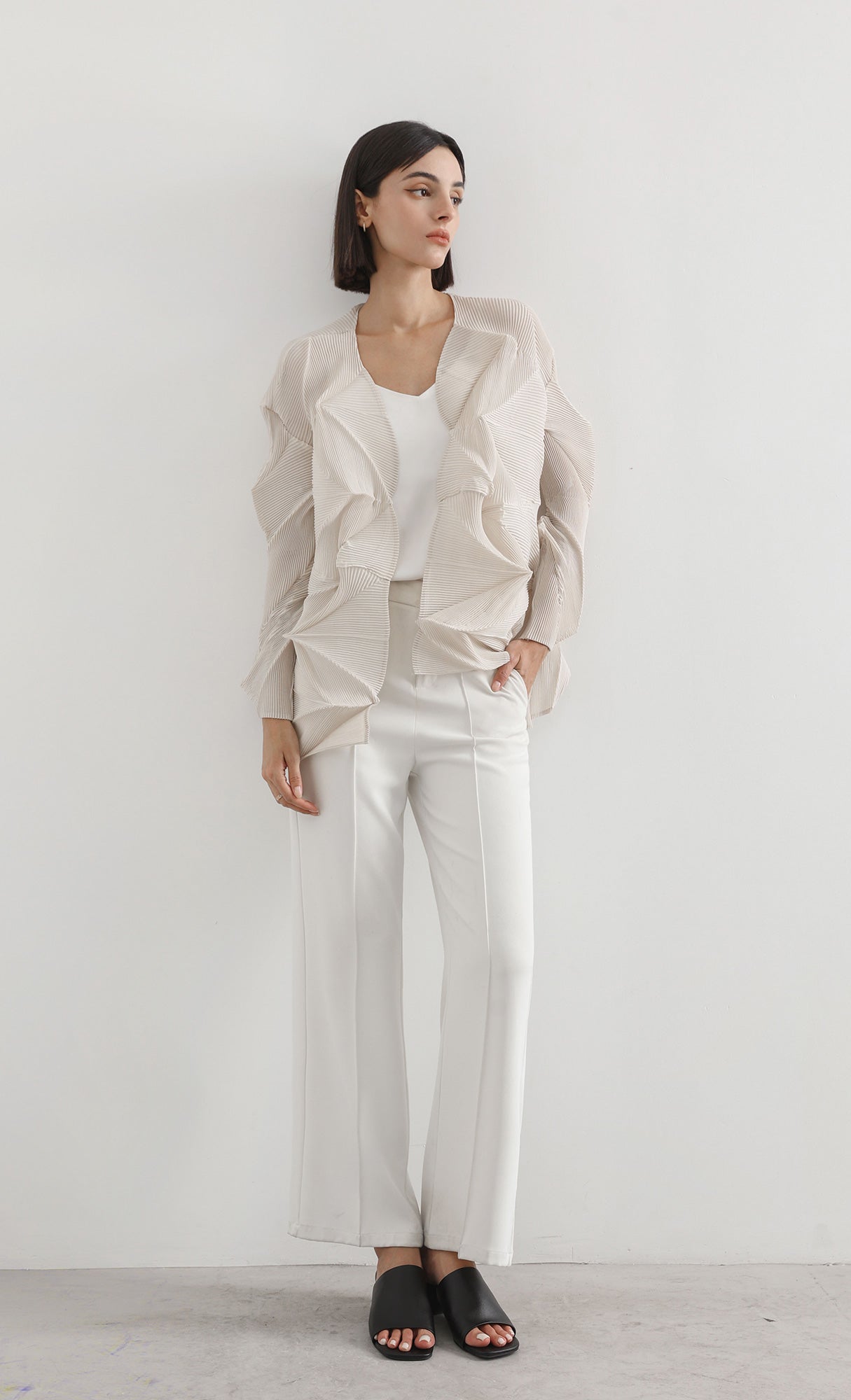 geo pleated jacket cardigan_beige