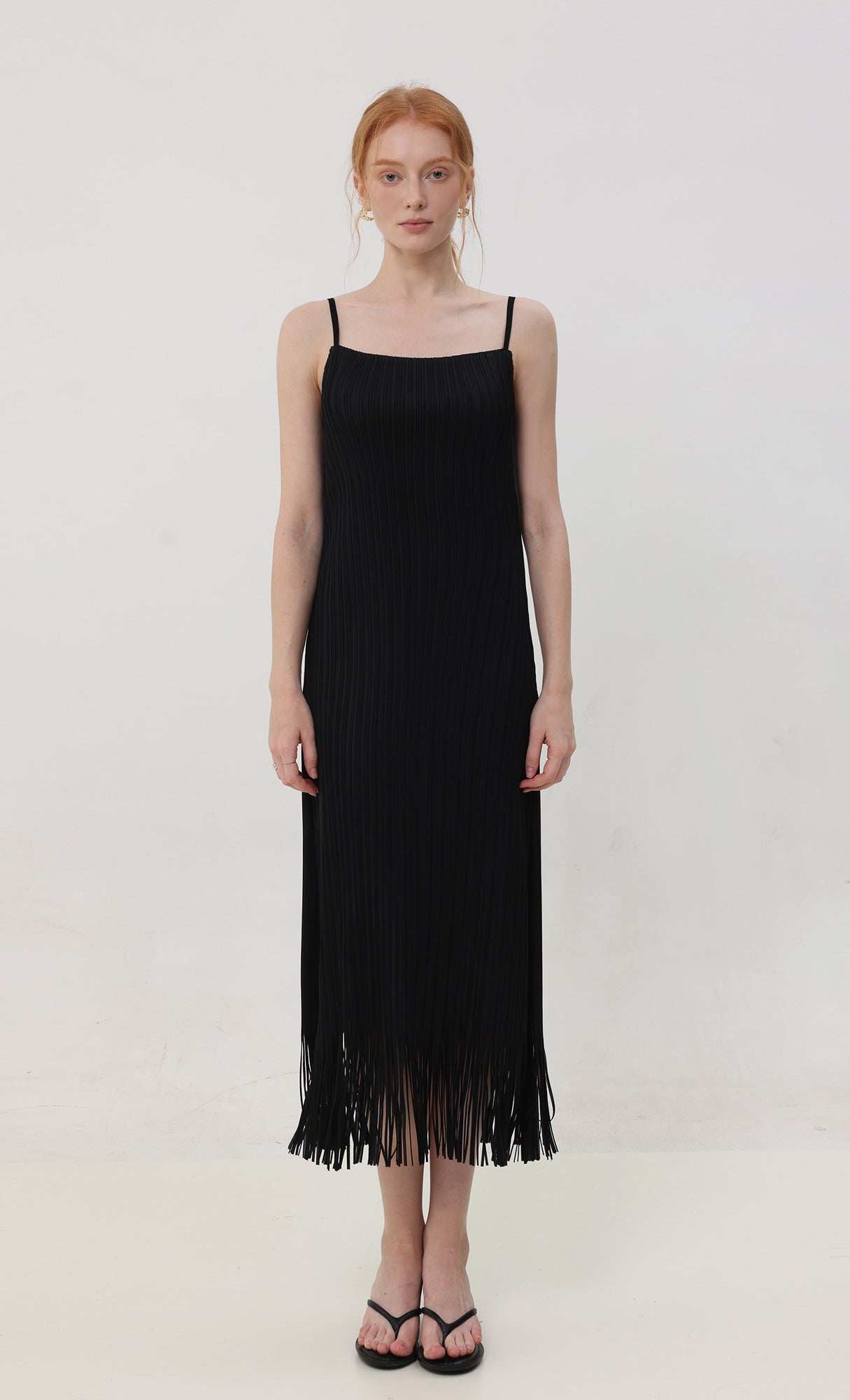 Fringe pleated slip dress_black