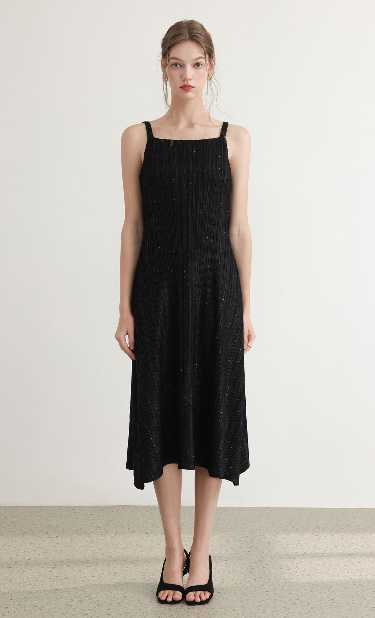 Tweed pleats sleveless flare dress_black