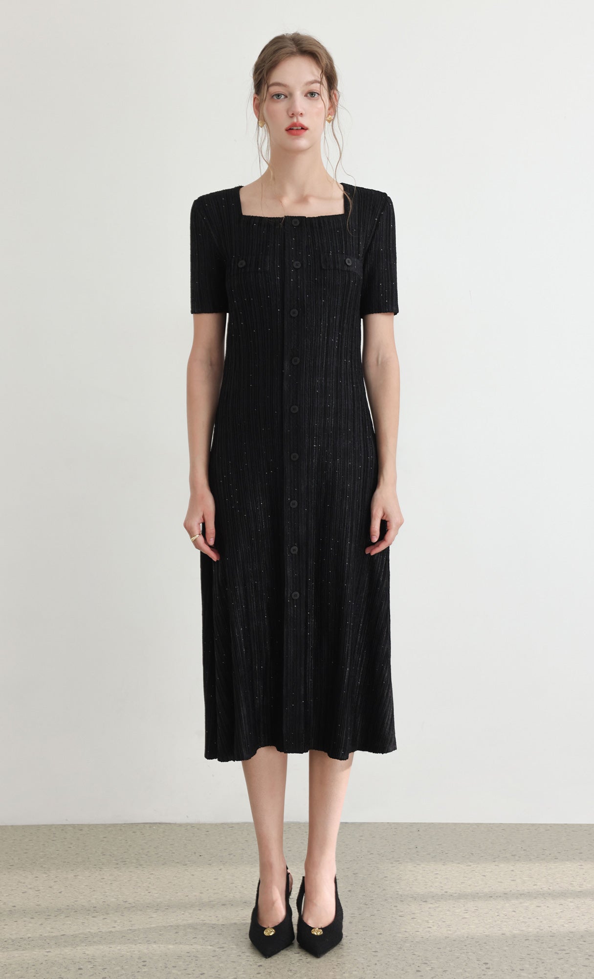 Tweed pleats square neck dress_black