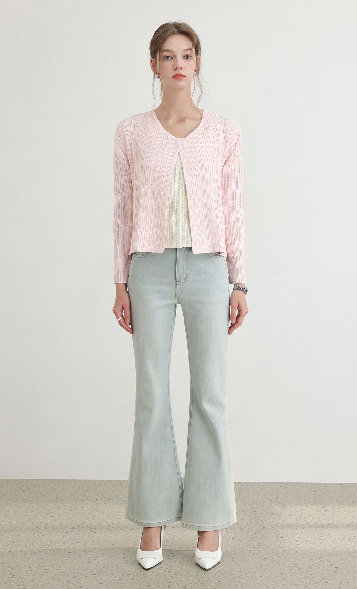 Tweed pleats cardigan_pink