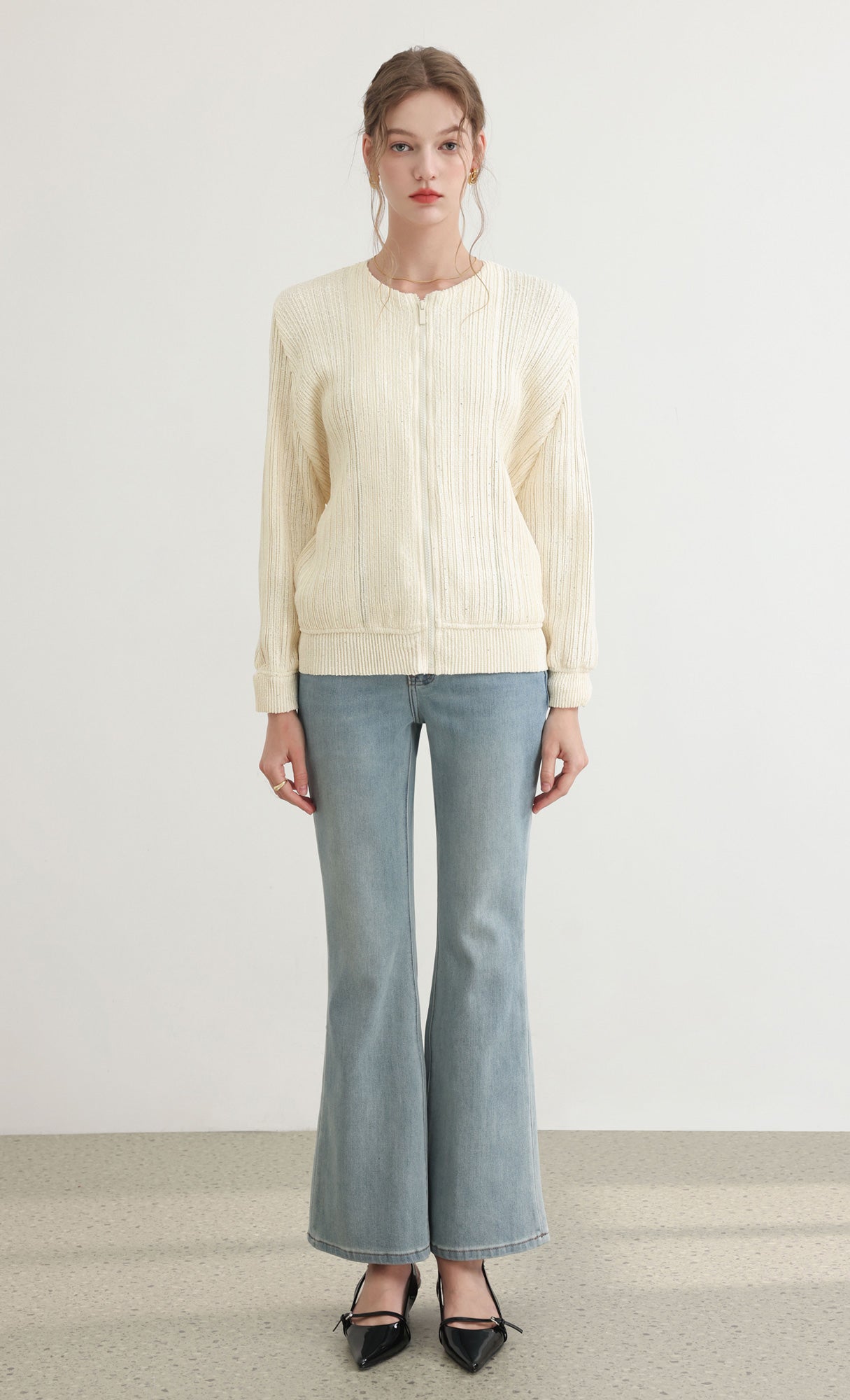 Tweed pleats blouson jumper_ivory