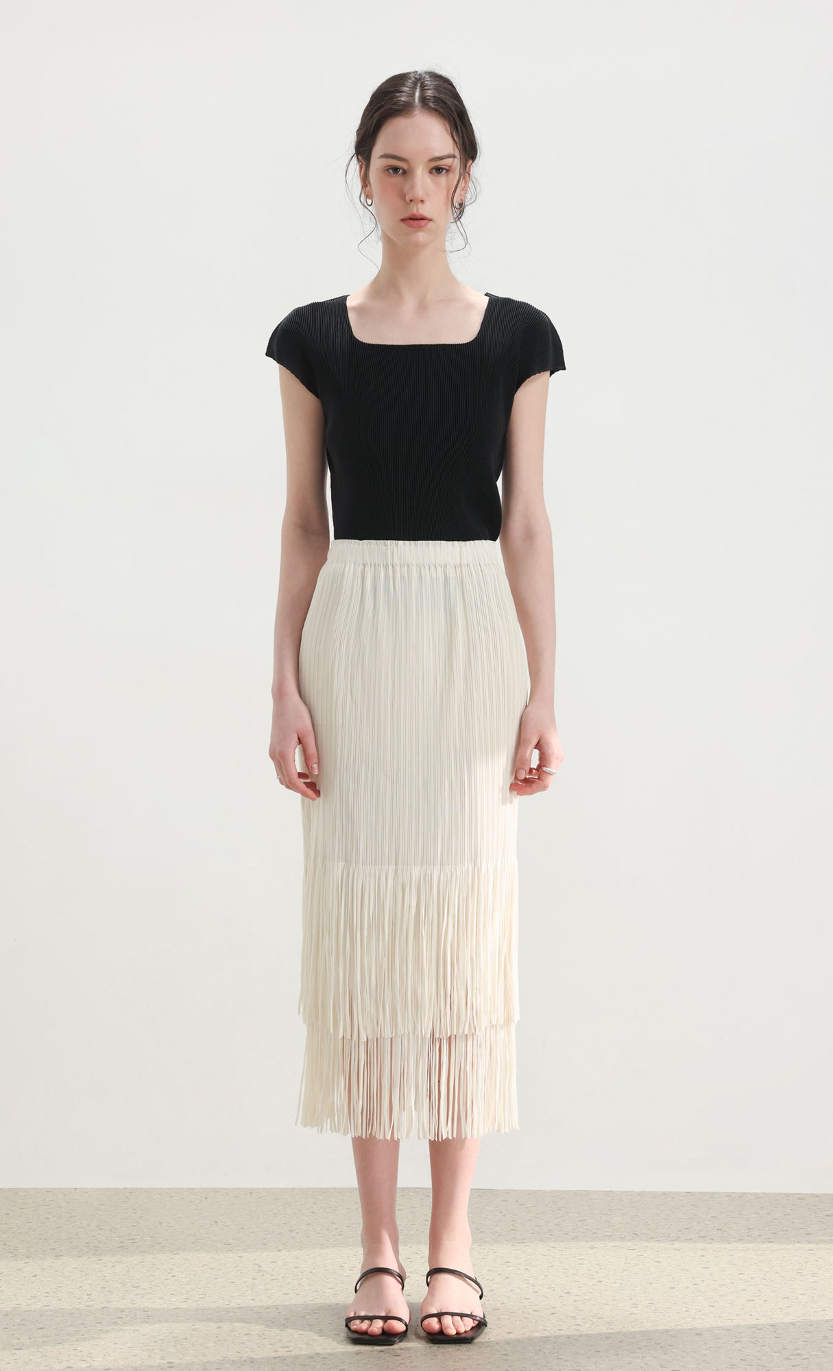 Fringe pleated skirt_ivory
