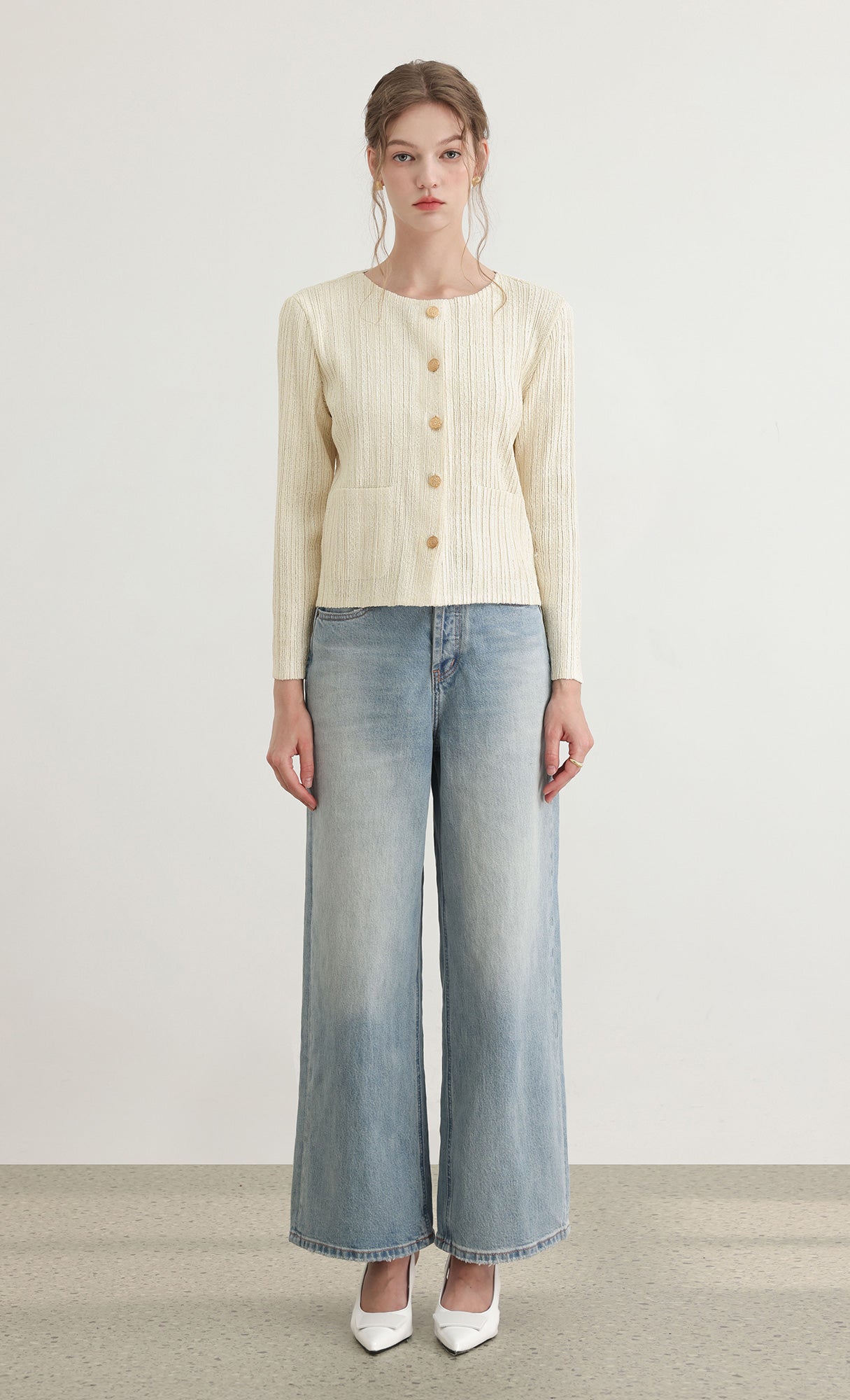 Tweed pleats cardigan jacket_ivory