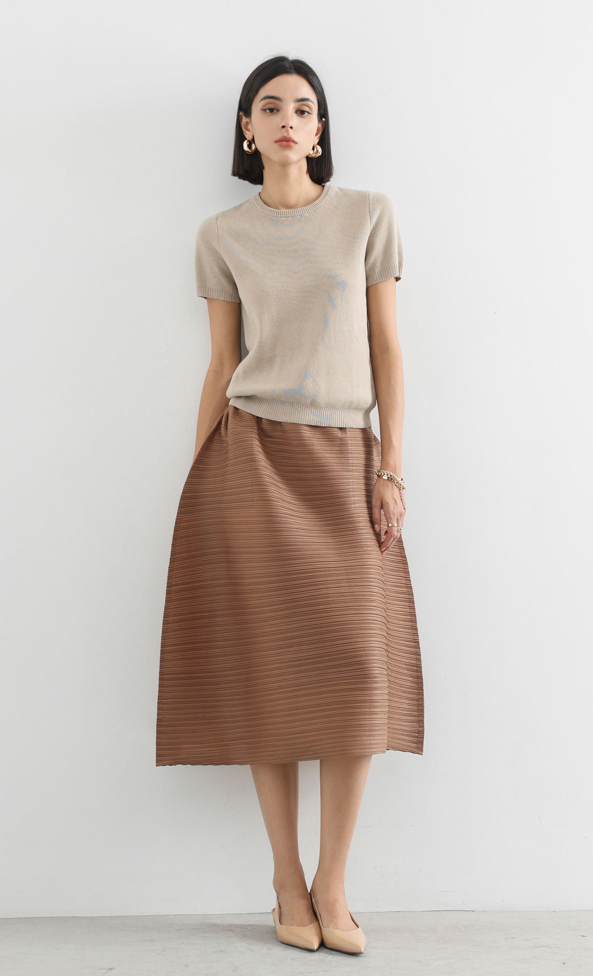 horiz pleated midi skirt_camel