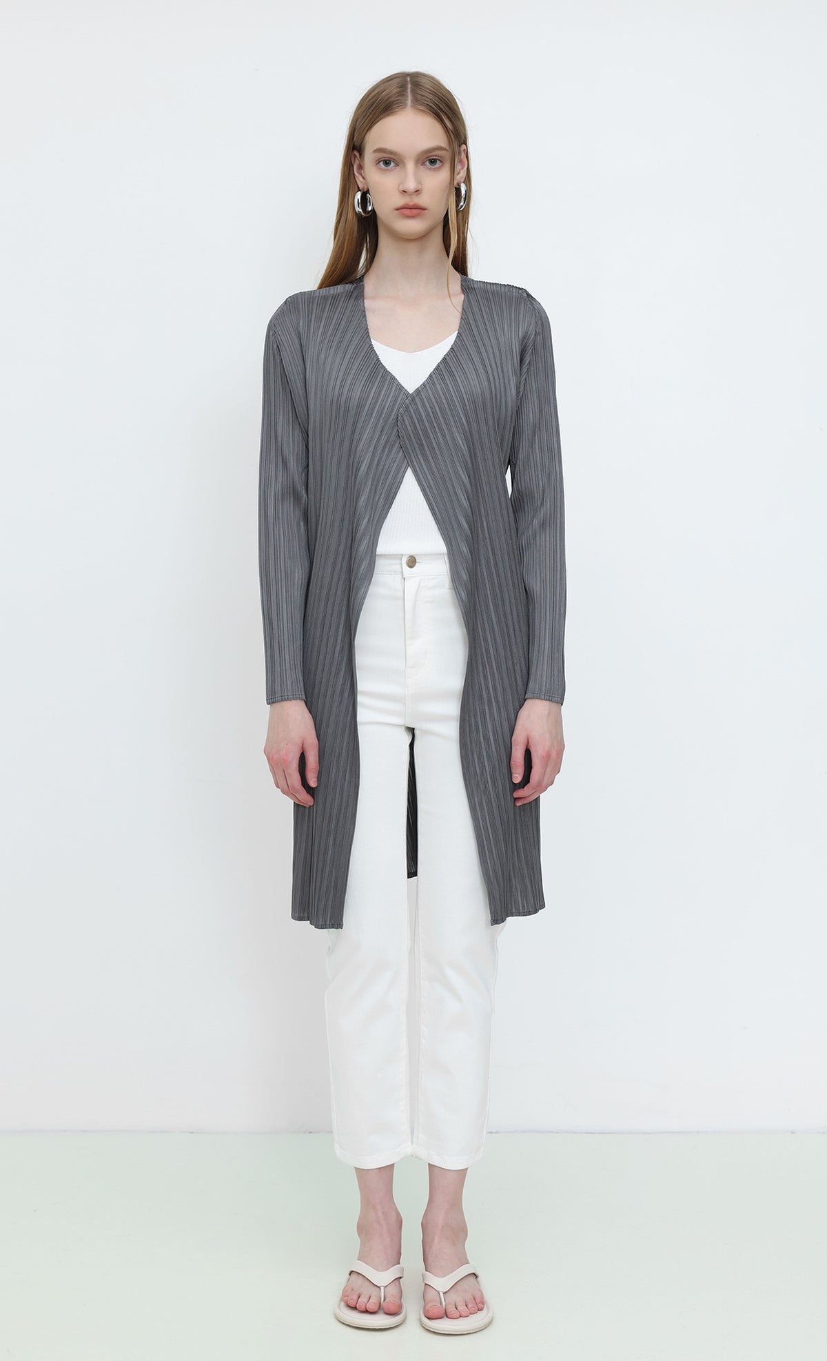 Core Pleated Long Cardigan_Charcoal