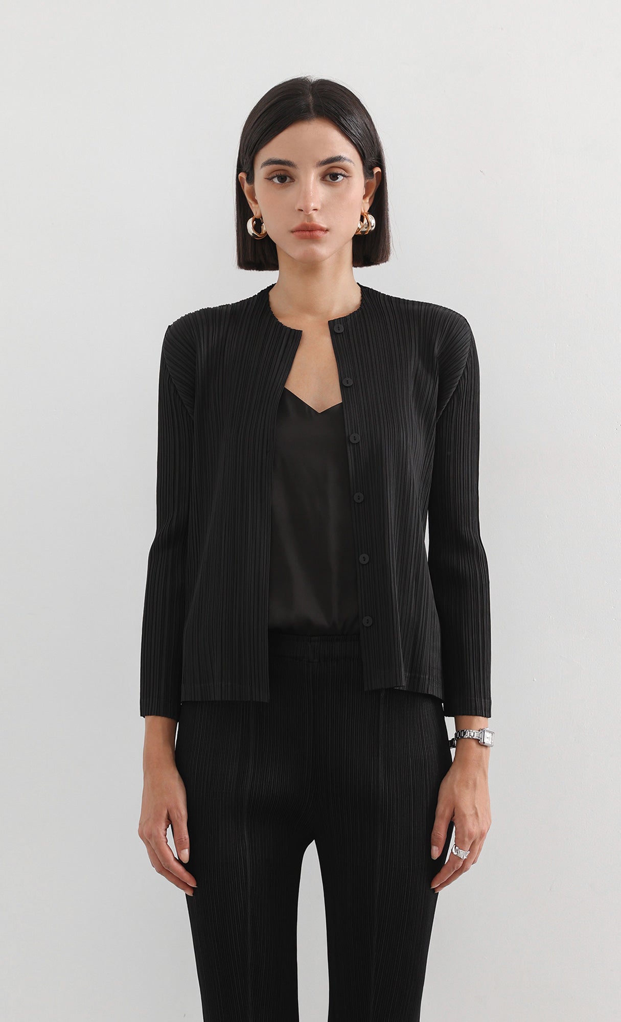 button basic pleated cardigan_black