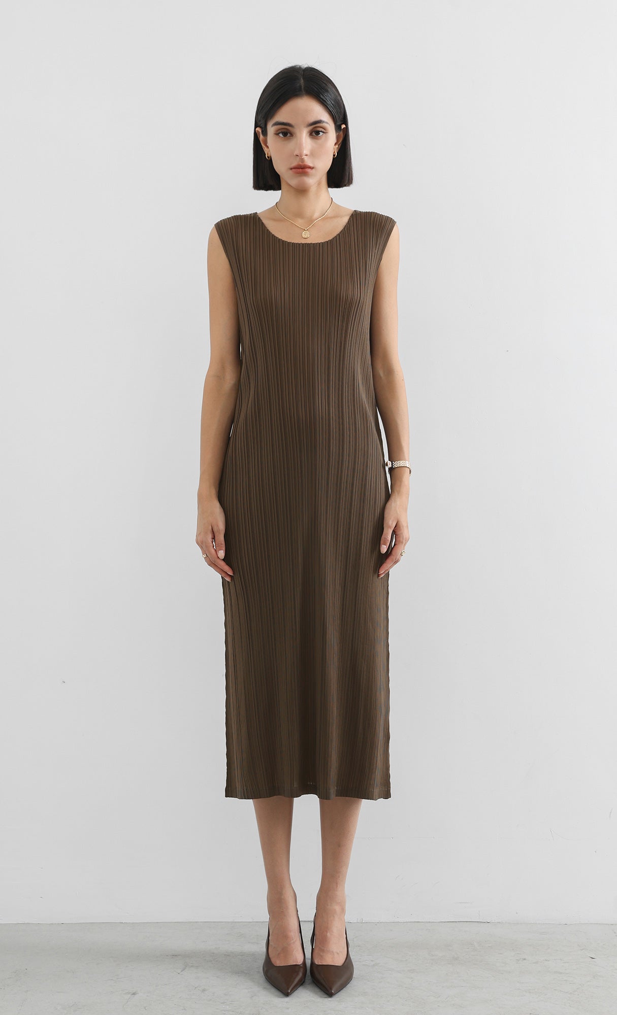 modi pleated sleeveless dress_brown