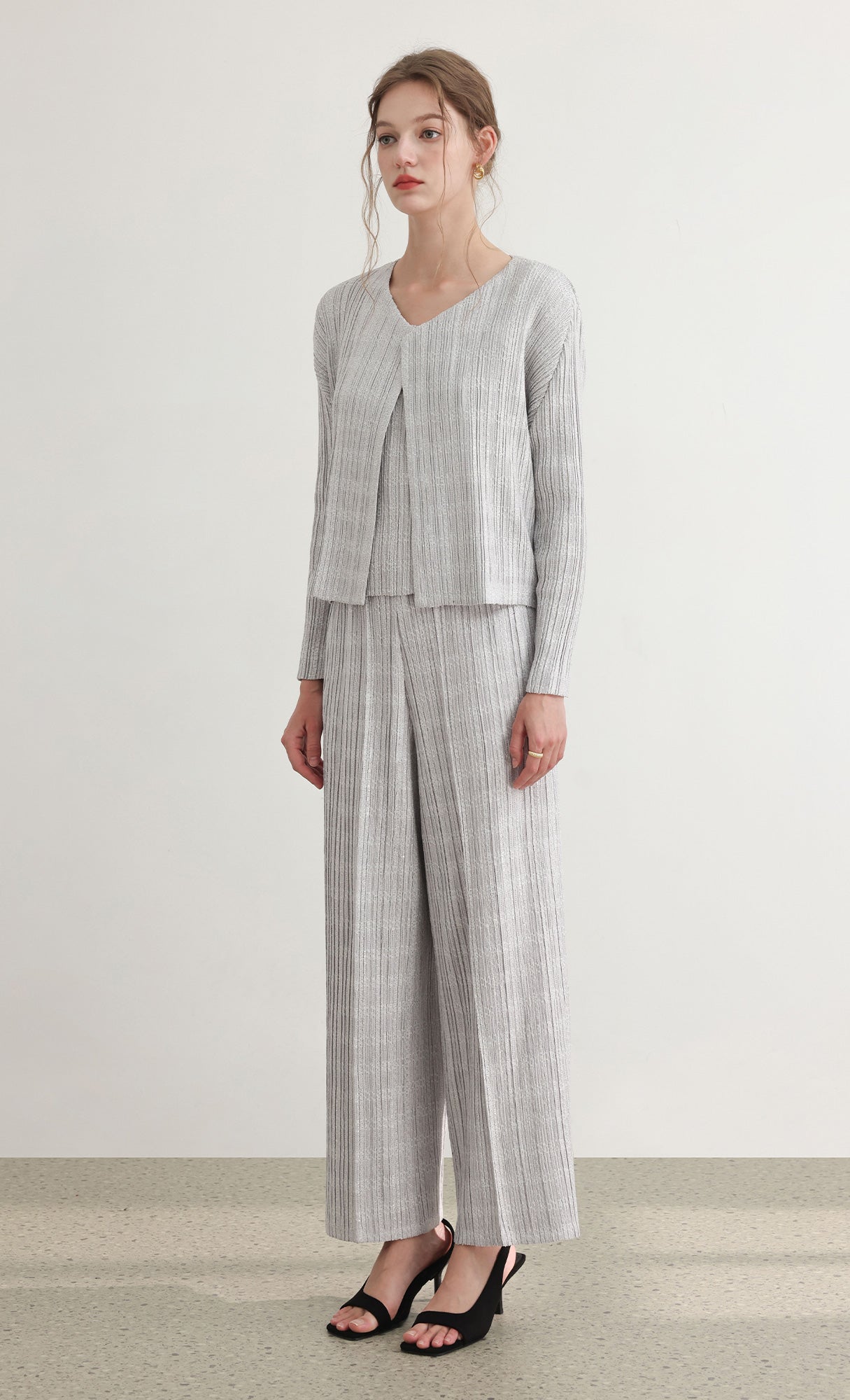 Tweed pleats pintuck pants_grey