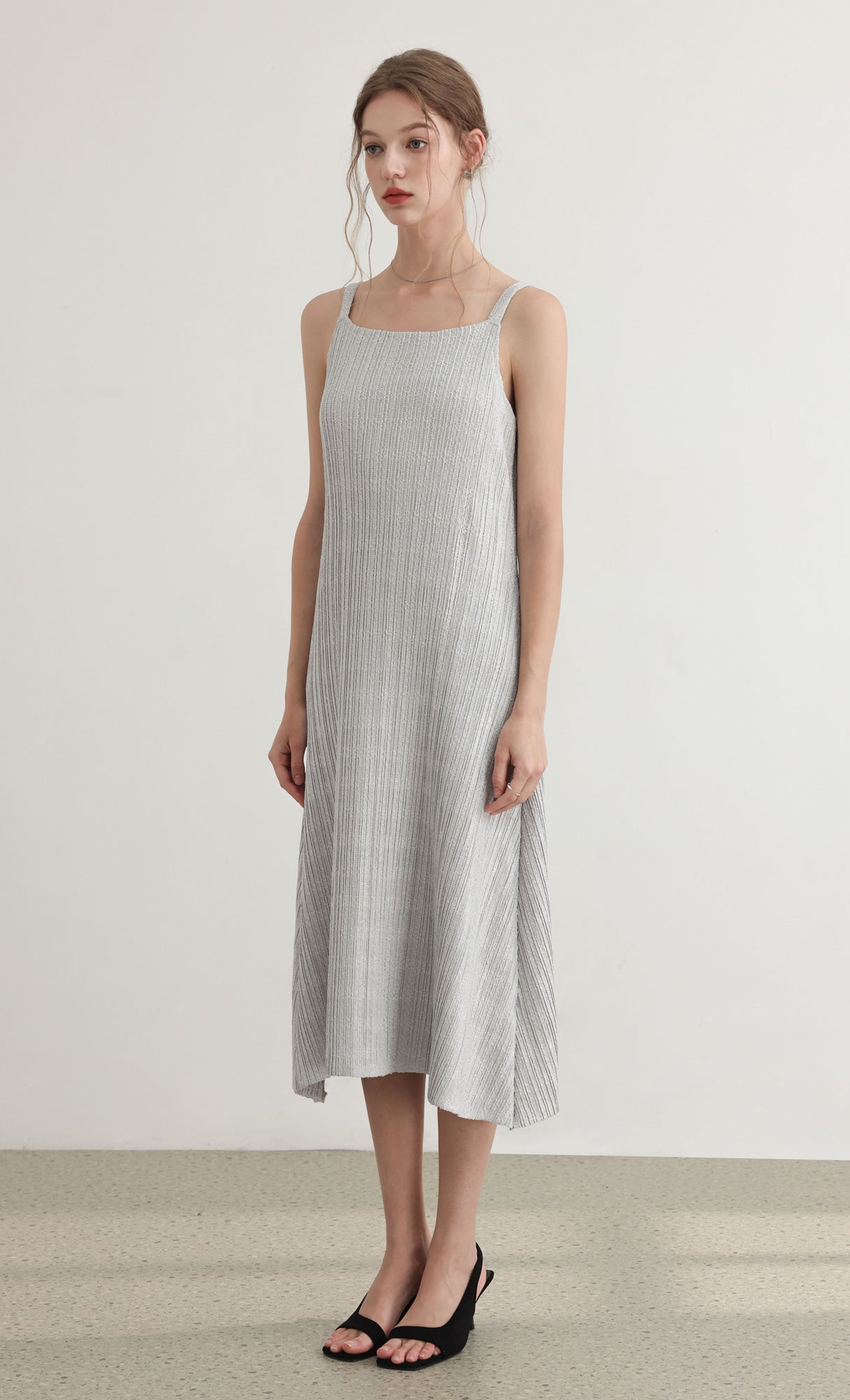 Tweed pleats sleveless flare dress_grey