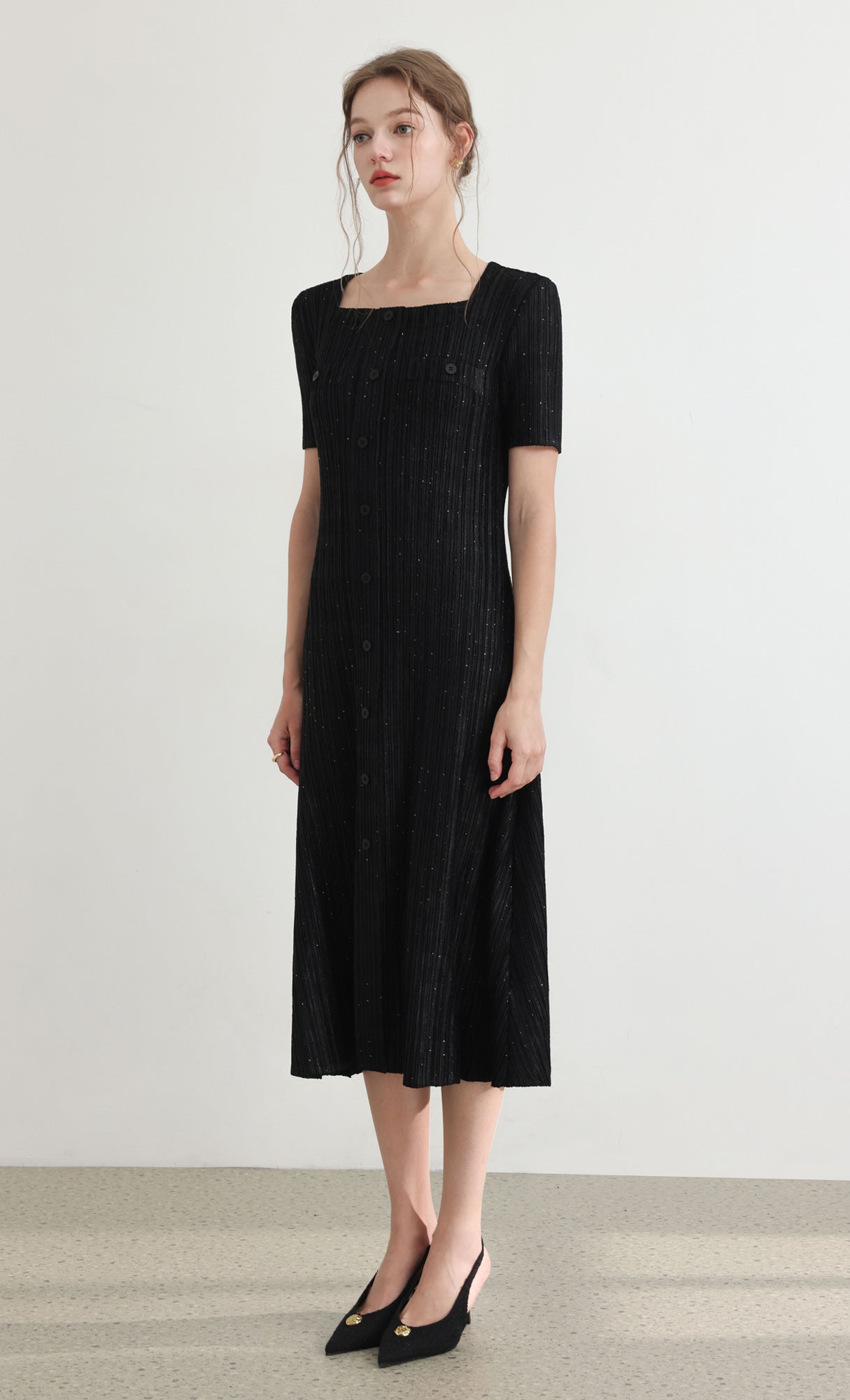 Tweed pleats square neck dress_black