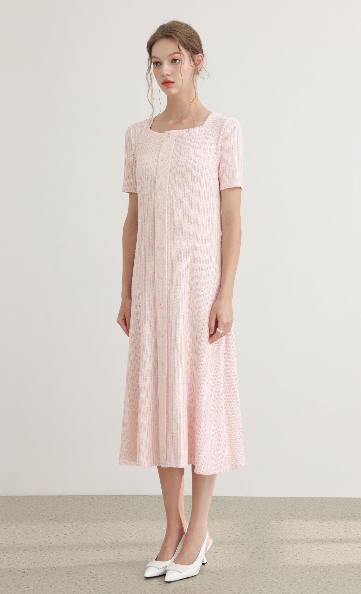 Tweed pleats square neck dress_pink