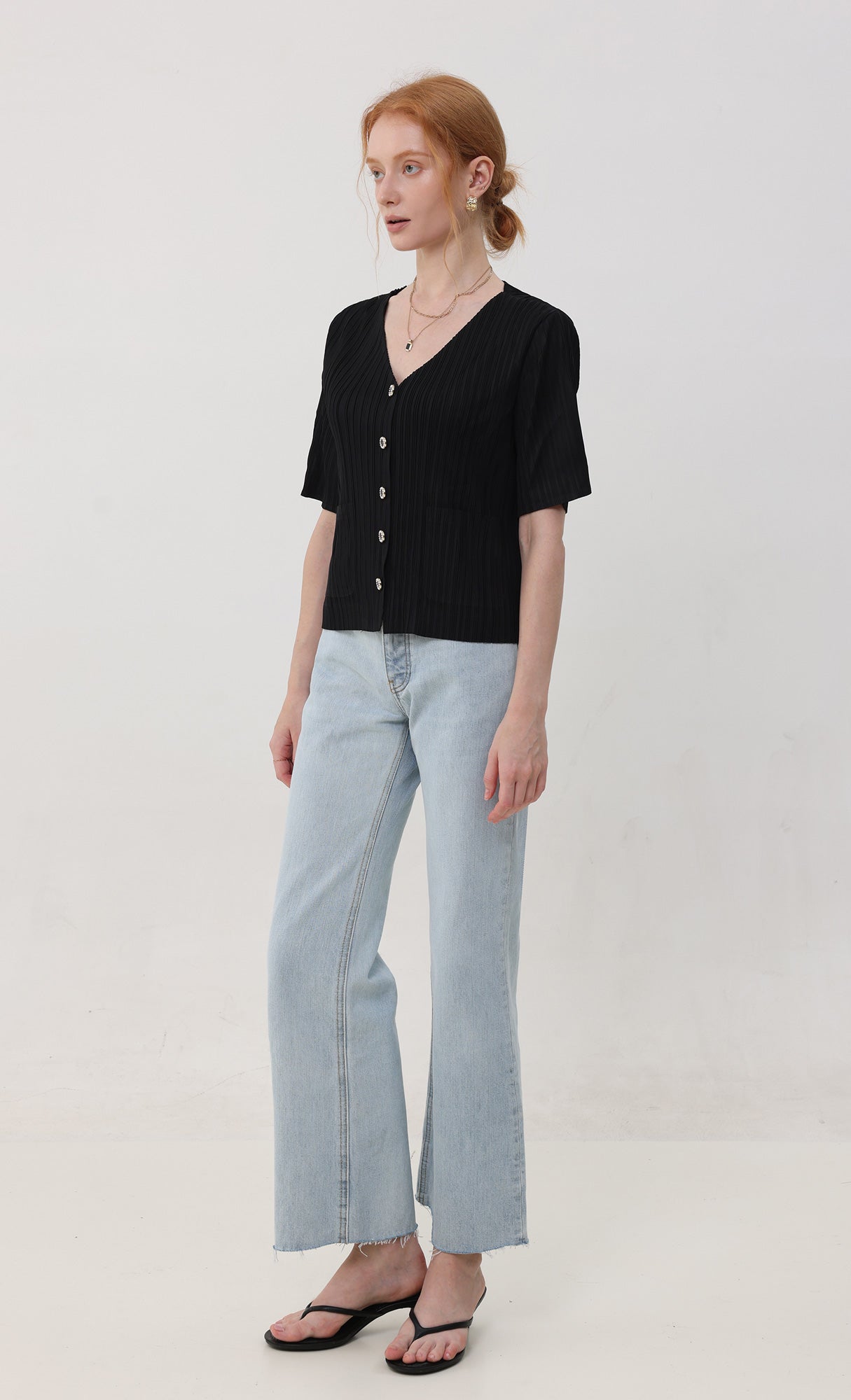 Button pleated short-sleeve top_black