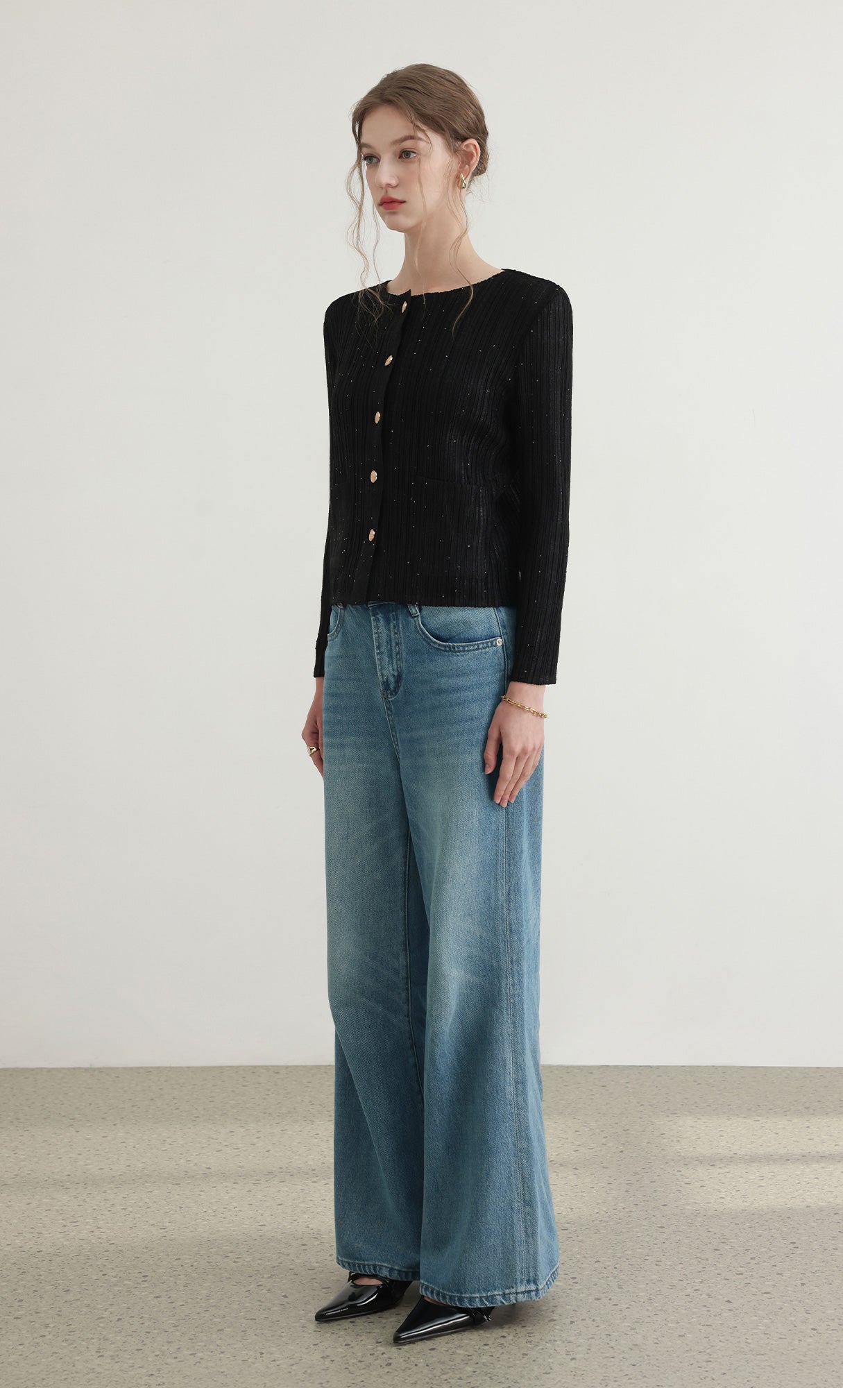 Tweed pleats cardigan jacket_black