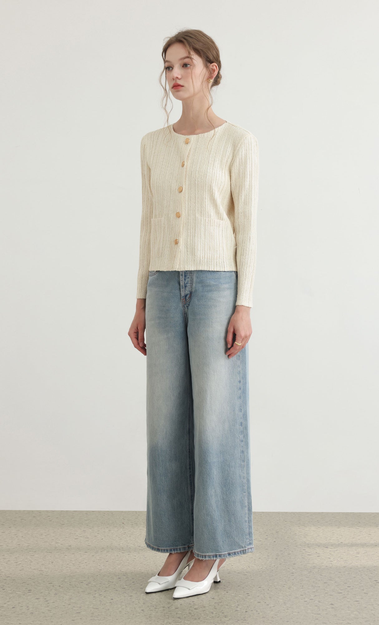 Tweed pleats cardigan jacket_ivory