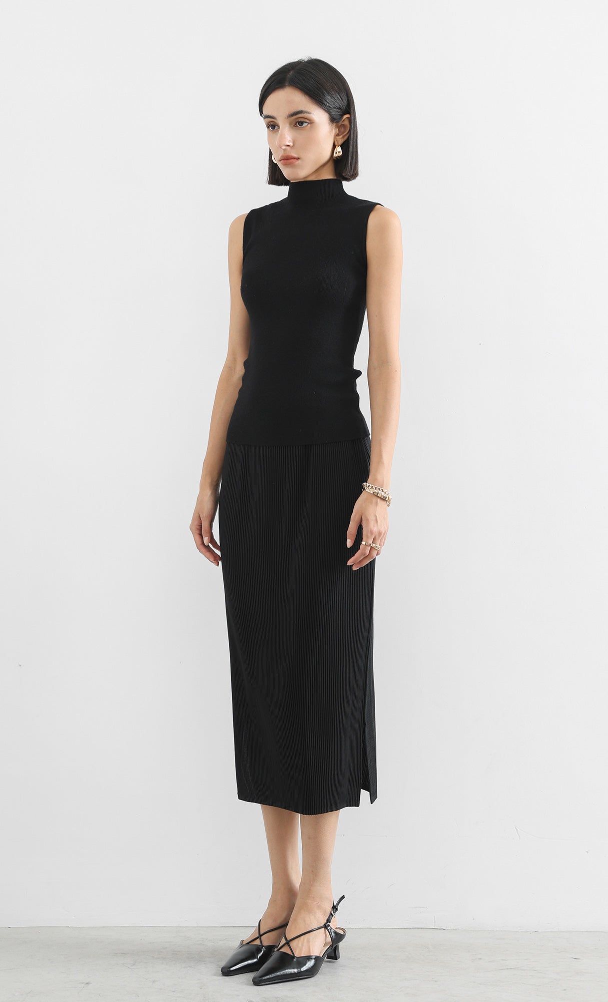 classy line pleated skirt_black