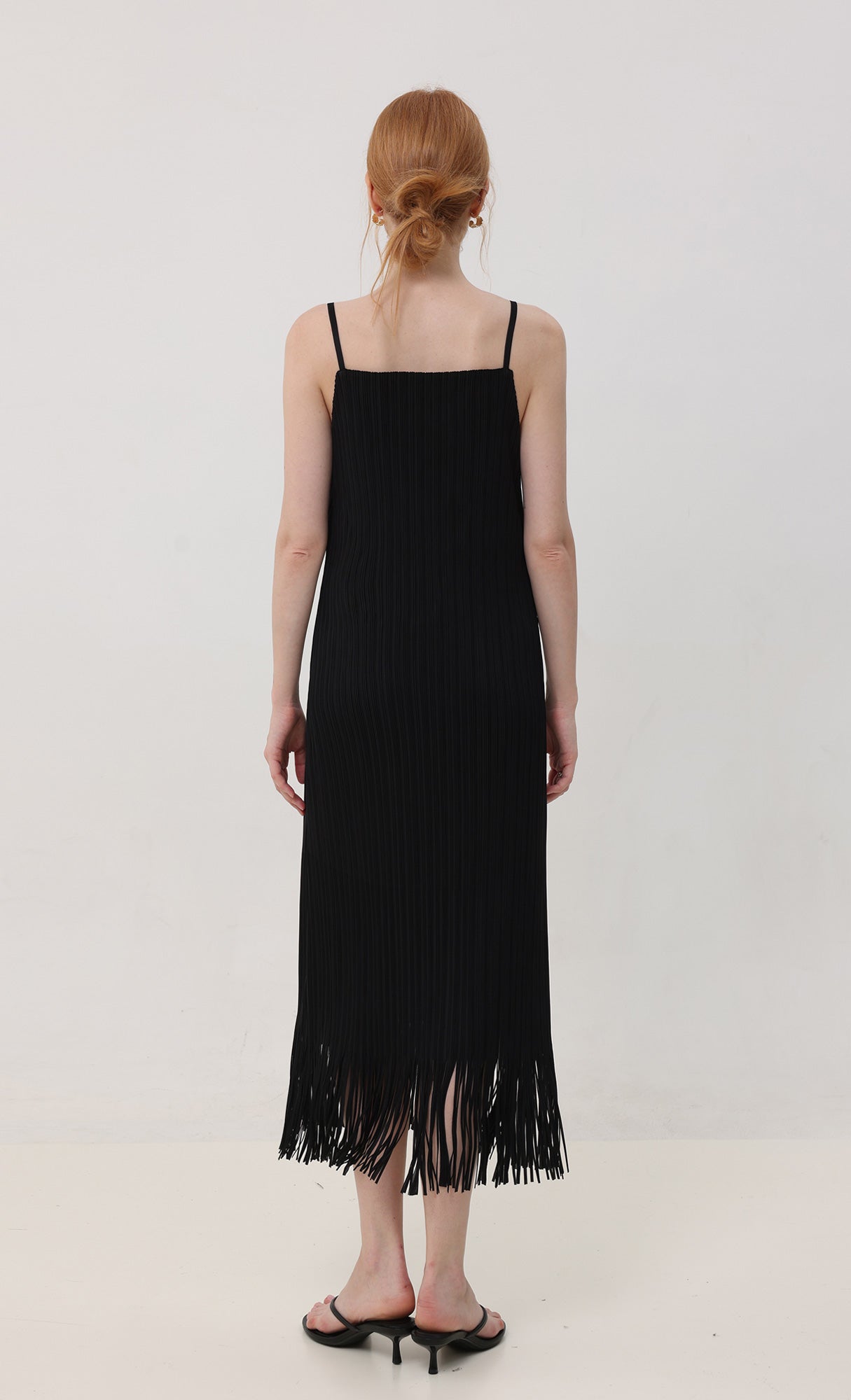 Fringe pleated slip dress_black