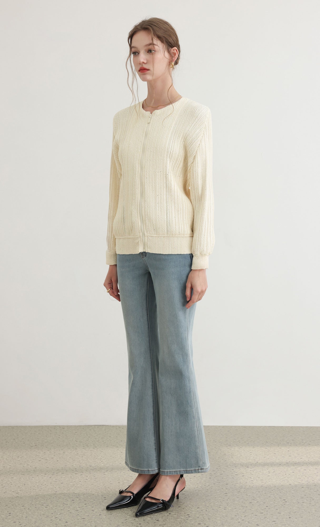 Tweed pleats blouson jumper_ivory