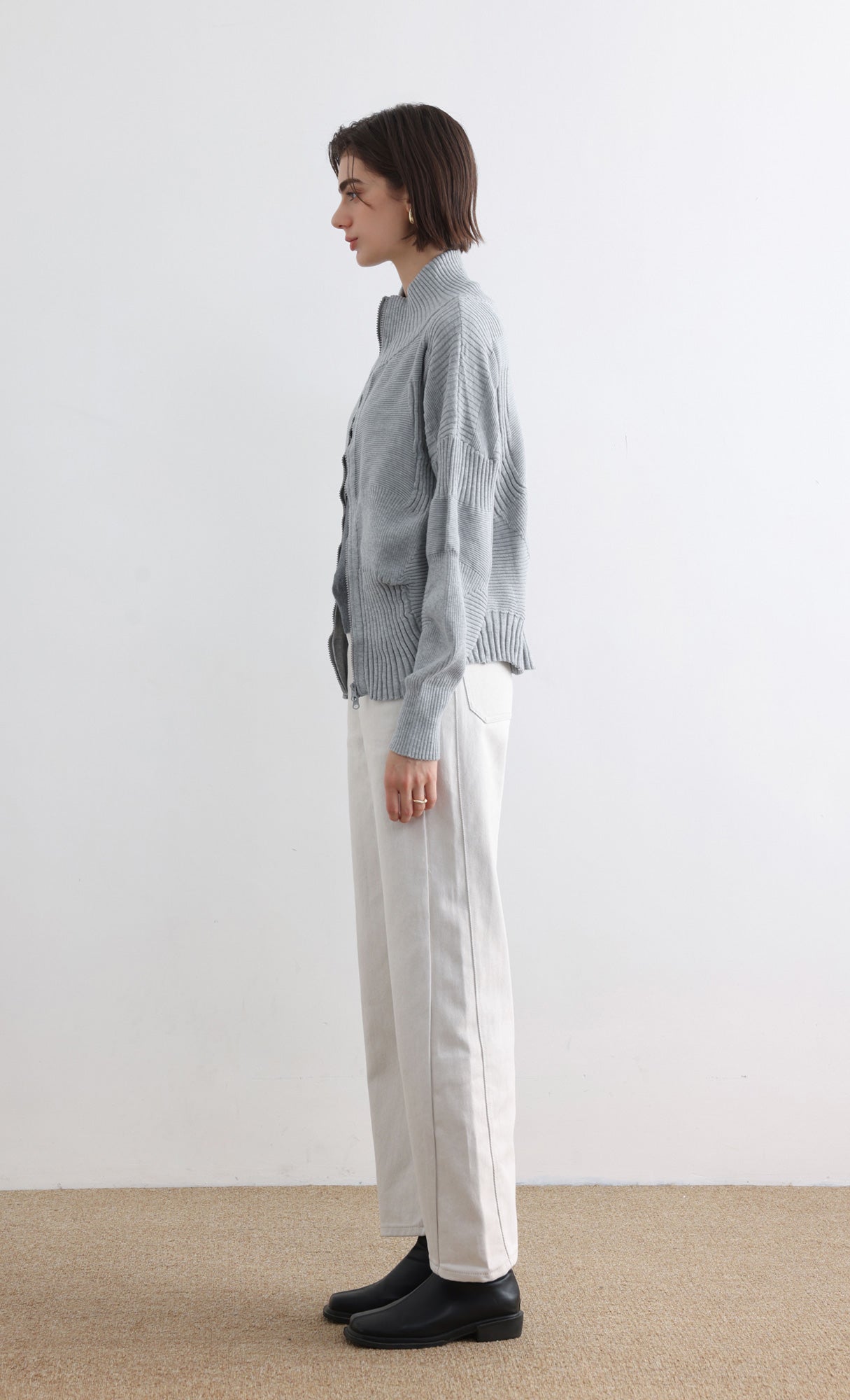 High Neck Knitted Pleated Zip-Up Cardigan_Grey