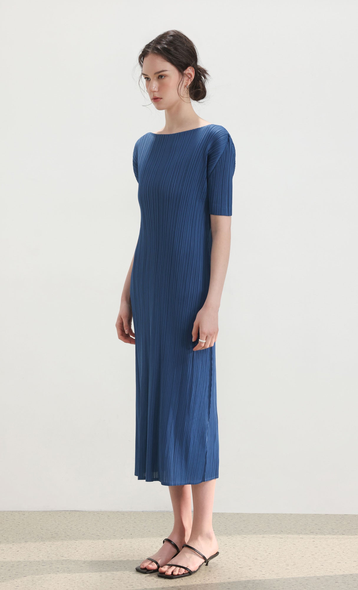 Dalia half-sleeve pleated dress_blue