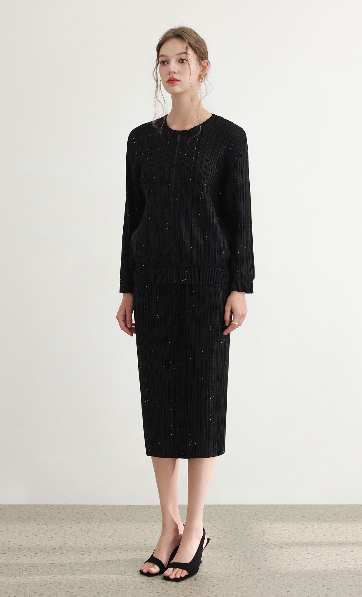 Tweed pleats banding skirt_black