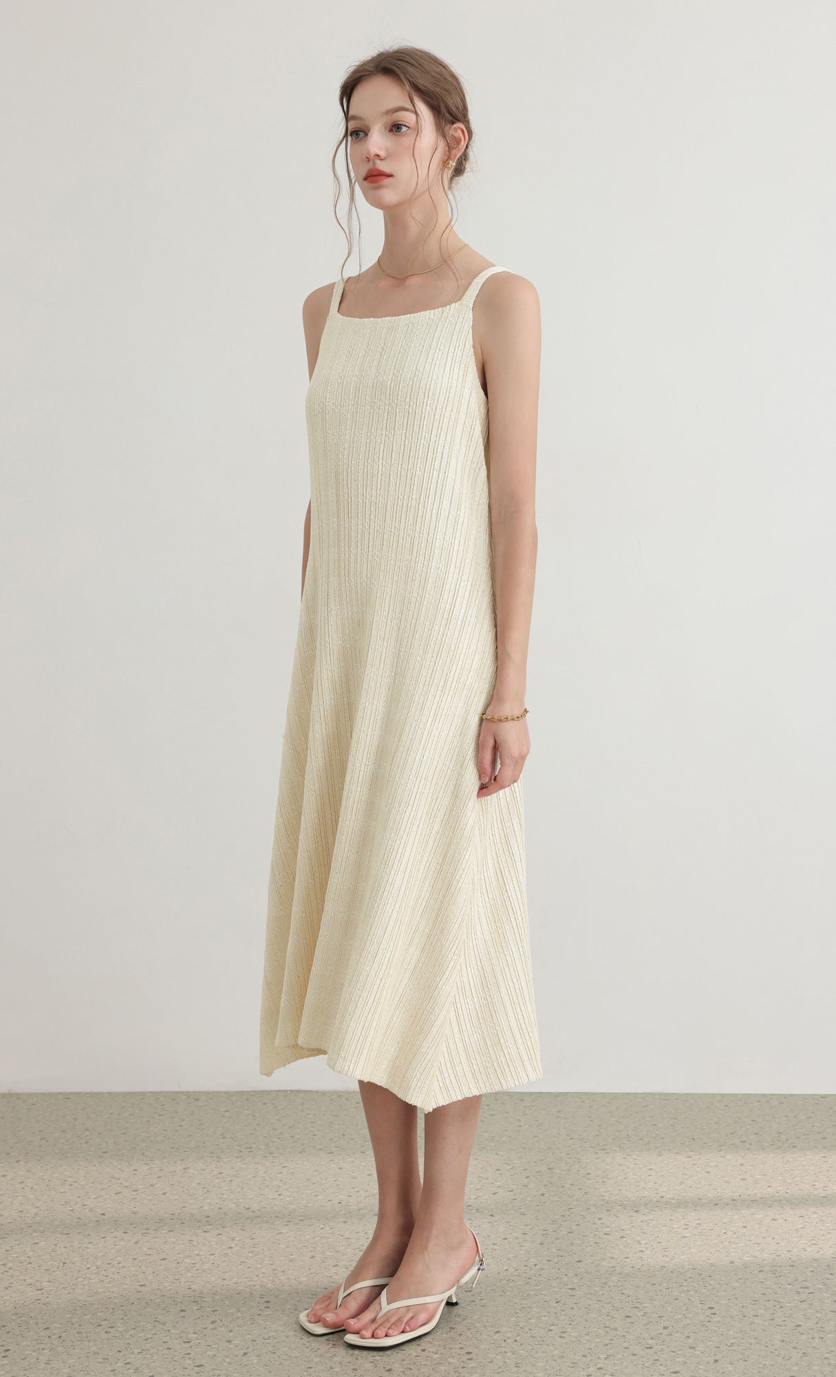 Tweed pleats sleveless flare dress_ivory