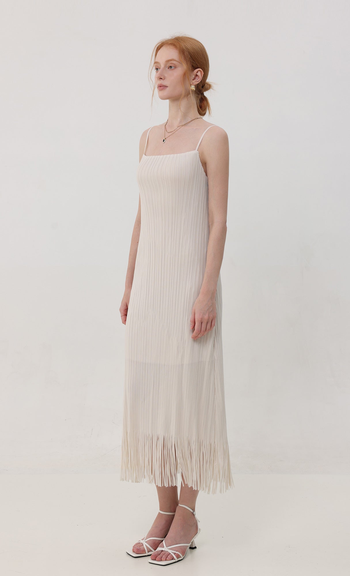 Fringe pleated slip dress_ivory