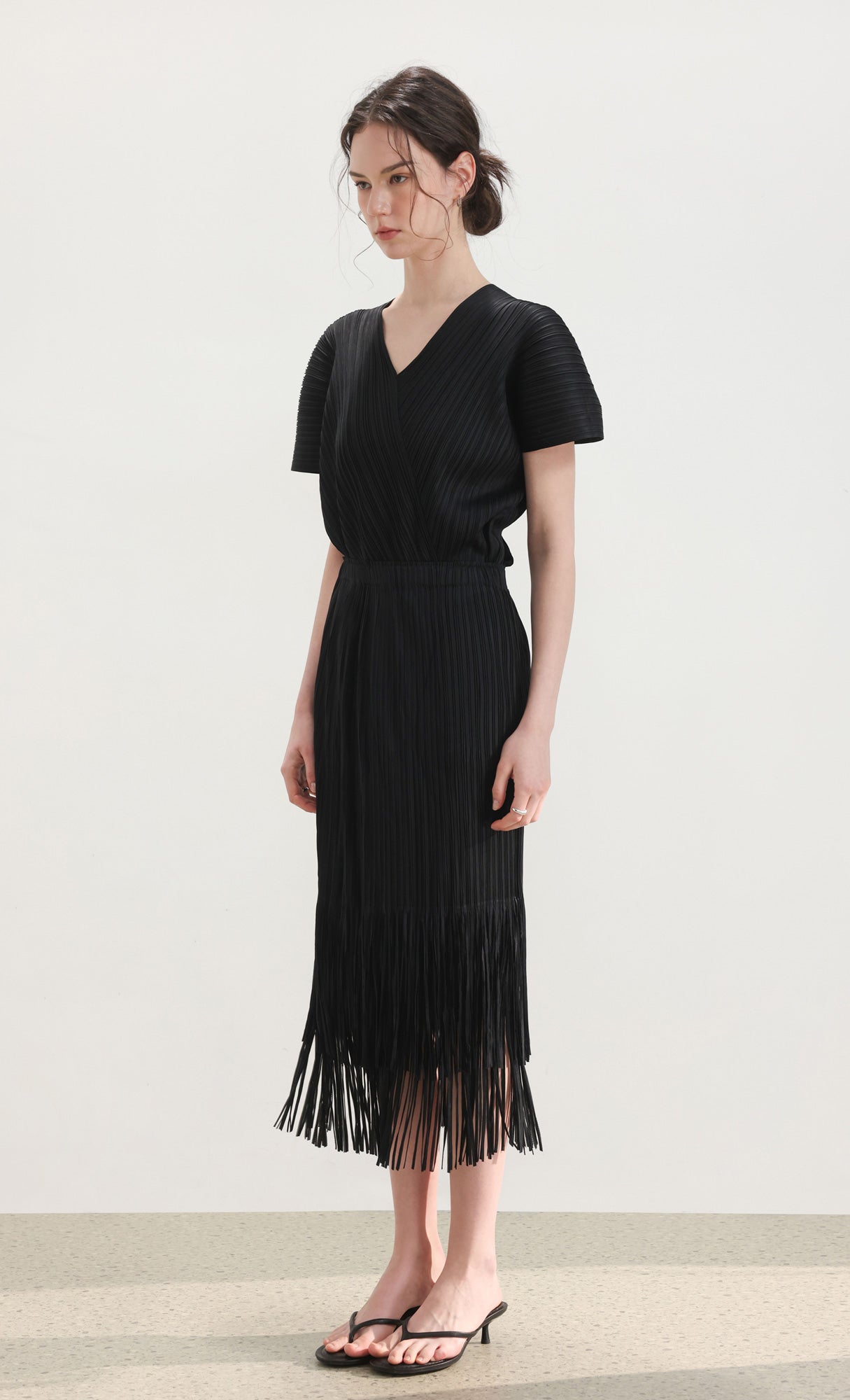 Fringe pleated skirt_black