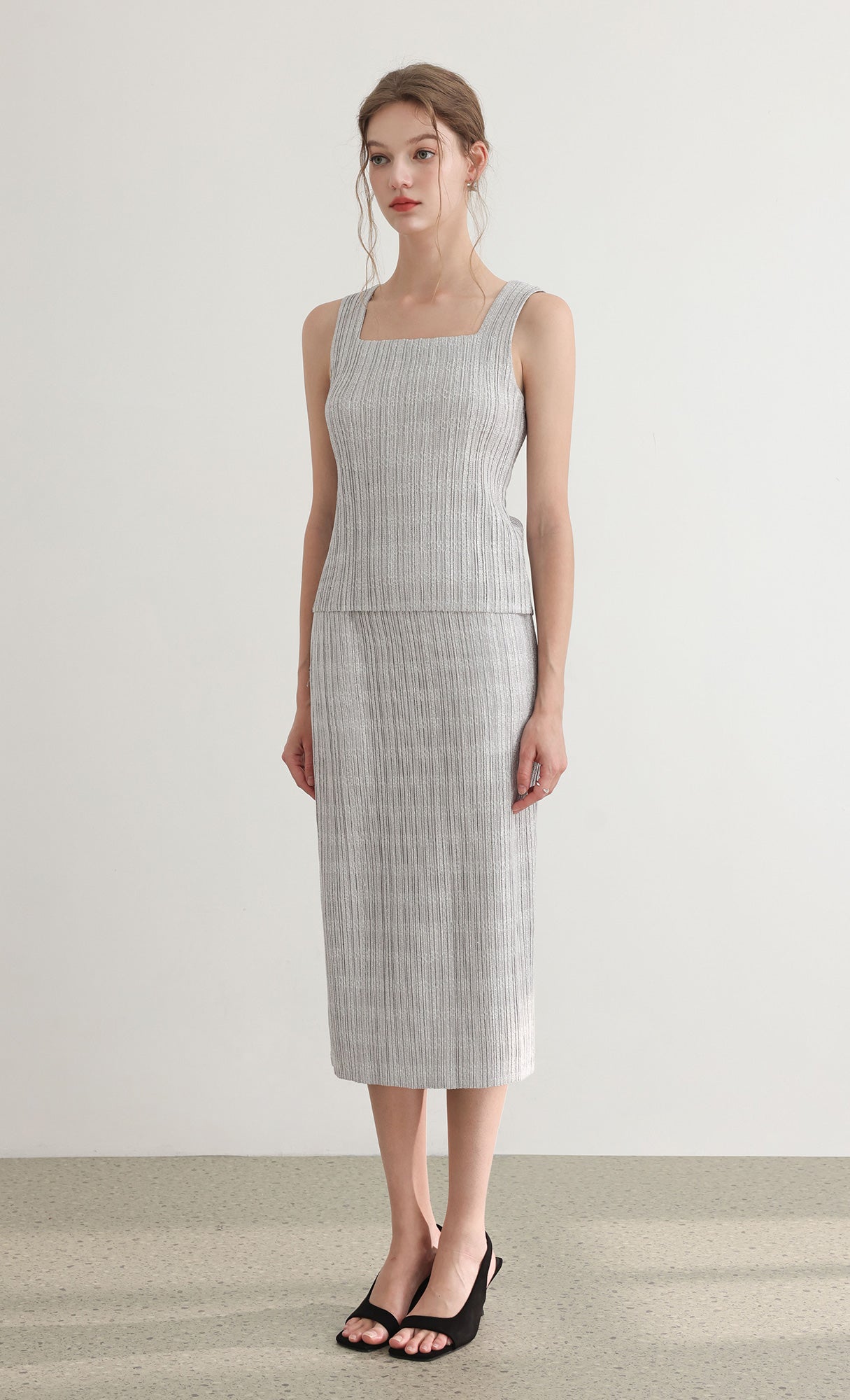 Tweed pleats banding skirt_grey