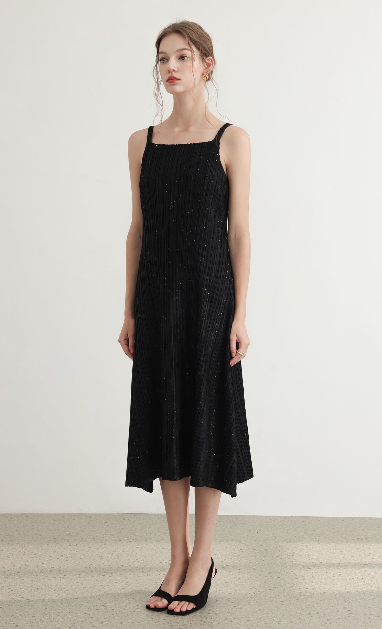 Tweed pleats sleveless flare dress_black